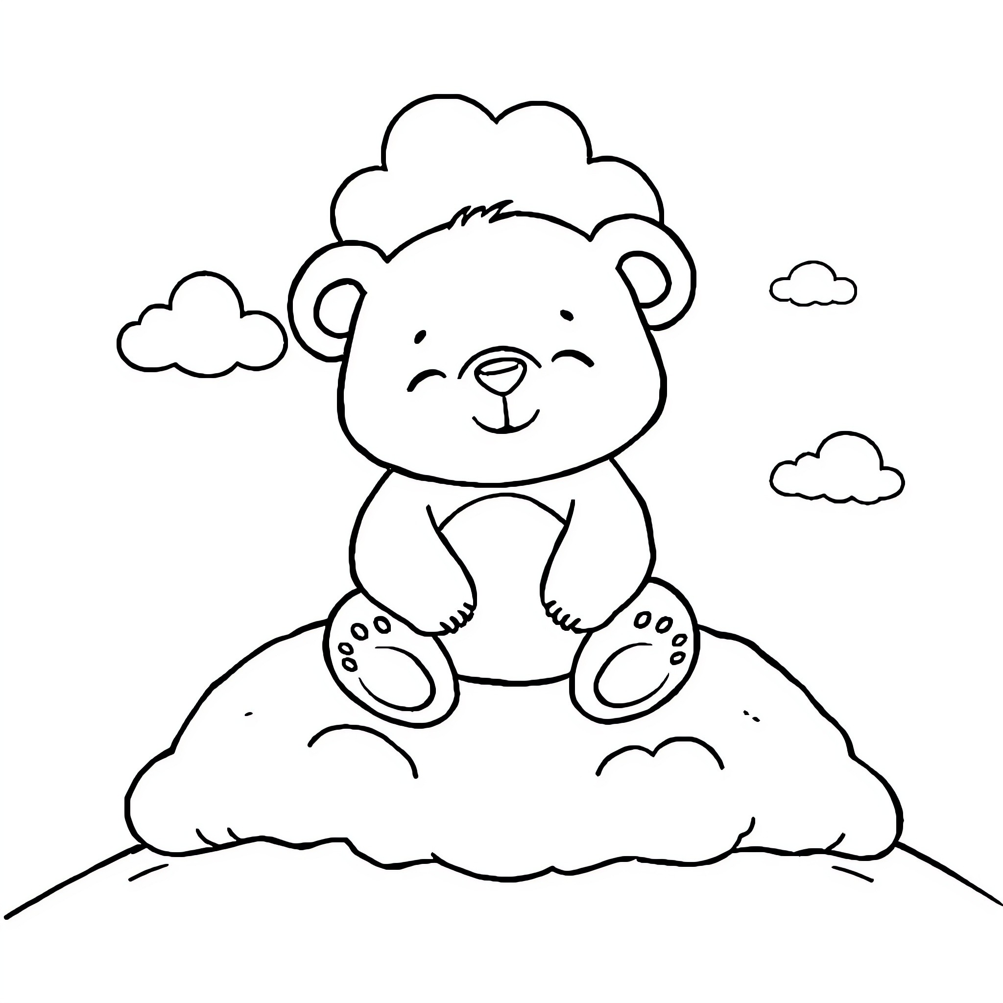 Bear enjoying a cloudy day on the hill Coloring Page (free black-and-white line drawing printable PDF for all, from beginners to advanced learners, including children, teens, adults, and seniors)