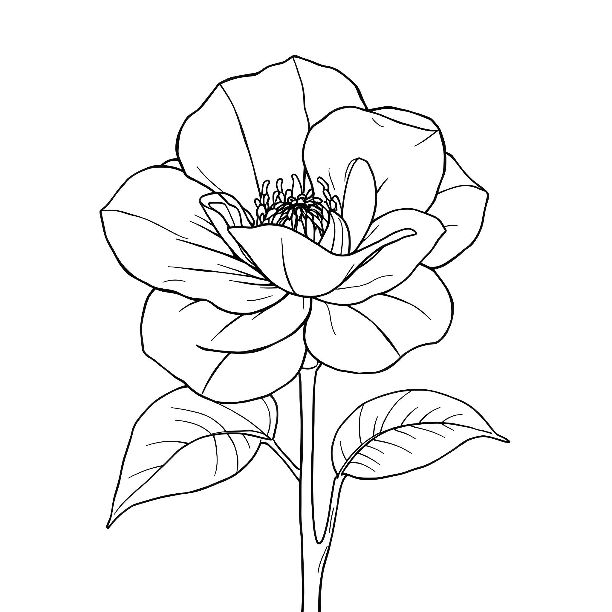 Camellia flower in black and white outline Coloring Page (free black-and-white line drawing printable PDF for all, from beginners to advanced learners, including children, teens, adults, and seniors)