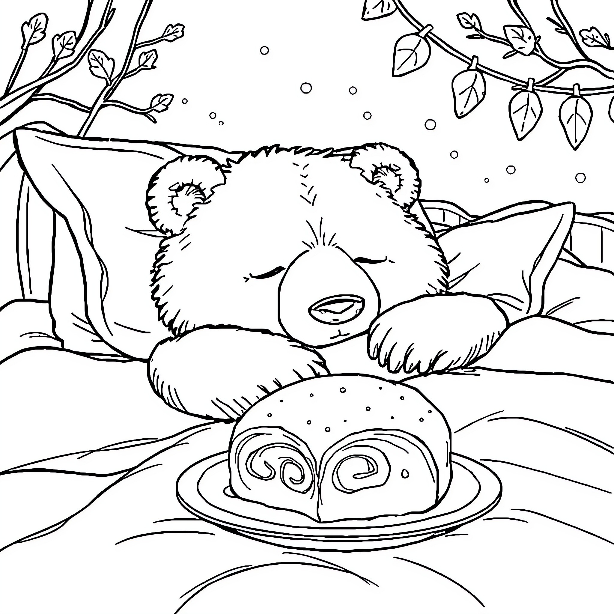 Bear sleeping peacefully in the winter forest Coloring Page (free black-and-white line drawing printable PDF for all, from beginners to advanced learners, including children, teens, adults, and seniors)