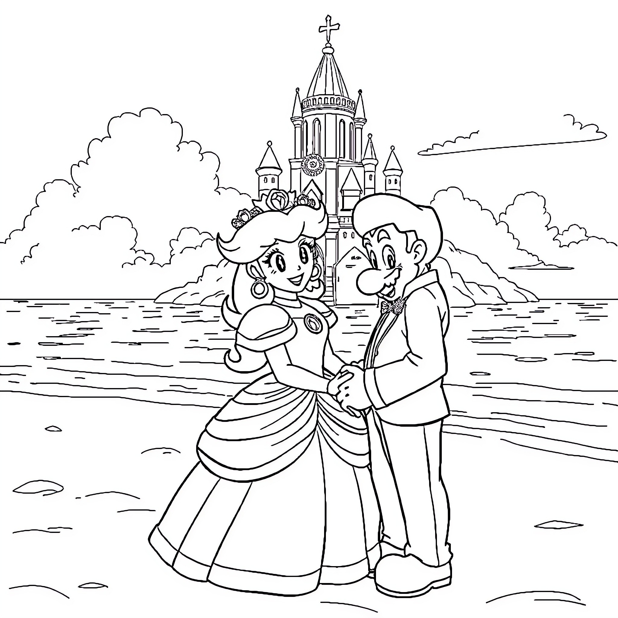 Princess and Prince Enjoying a Castle View Coloring Page (free black-and-white line drawing printable PDF for all, from beginners to advanced learners, including children, teens, adults, and seniors)