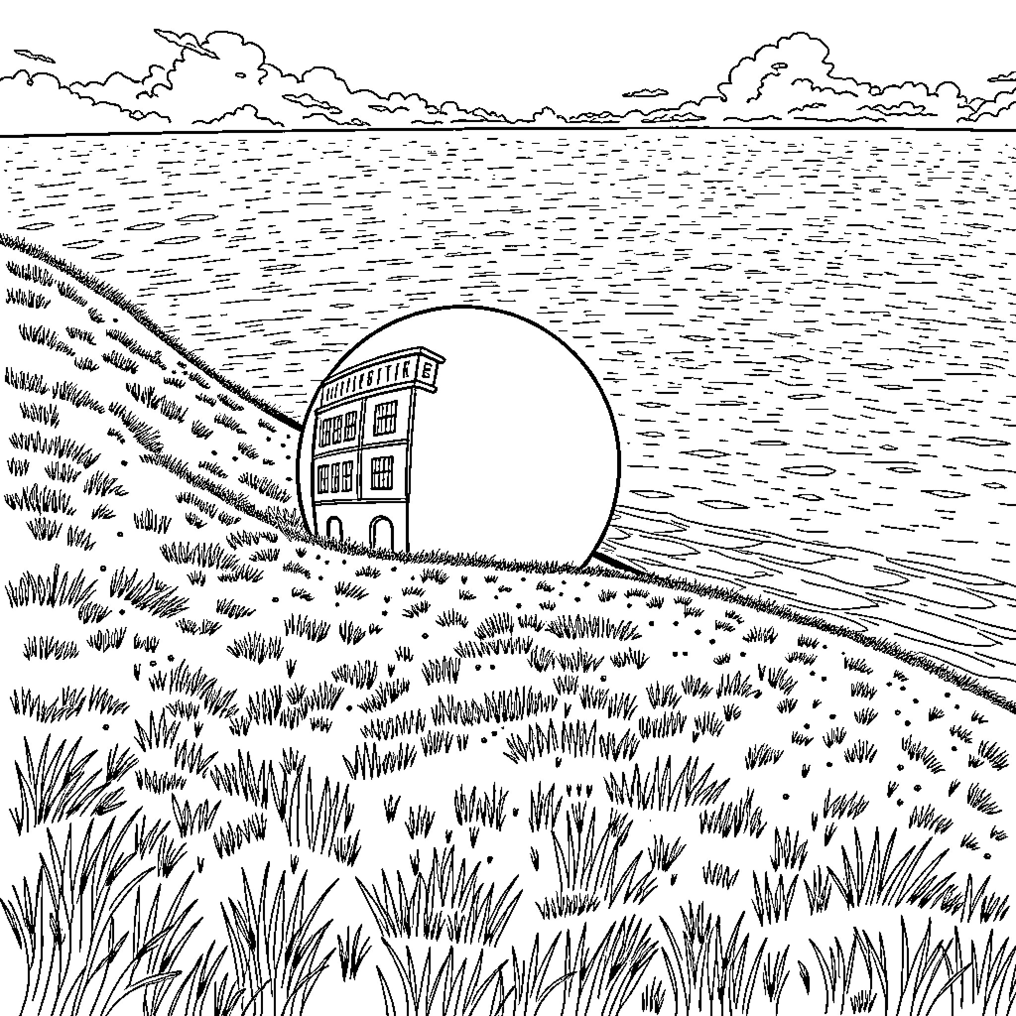 Ball-shaped House in the Grass by the Shoreline Coloring Page (free black-and-white line drawing printable PDF for all, from beginners to advanced learners, including children, teens, adults, and seniors)