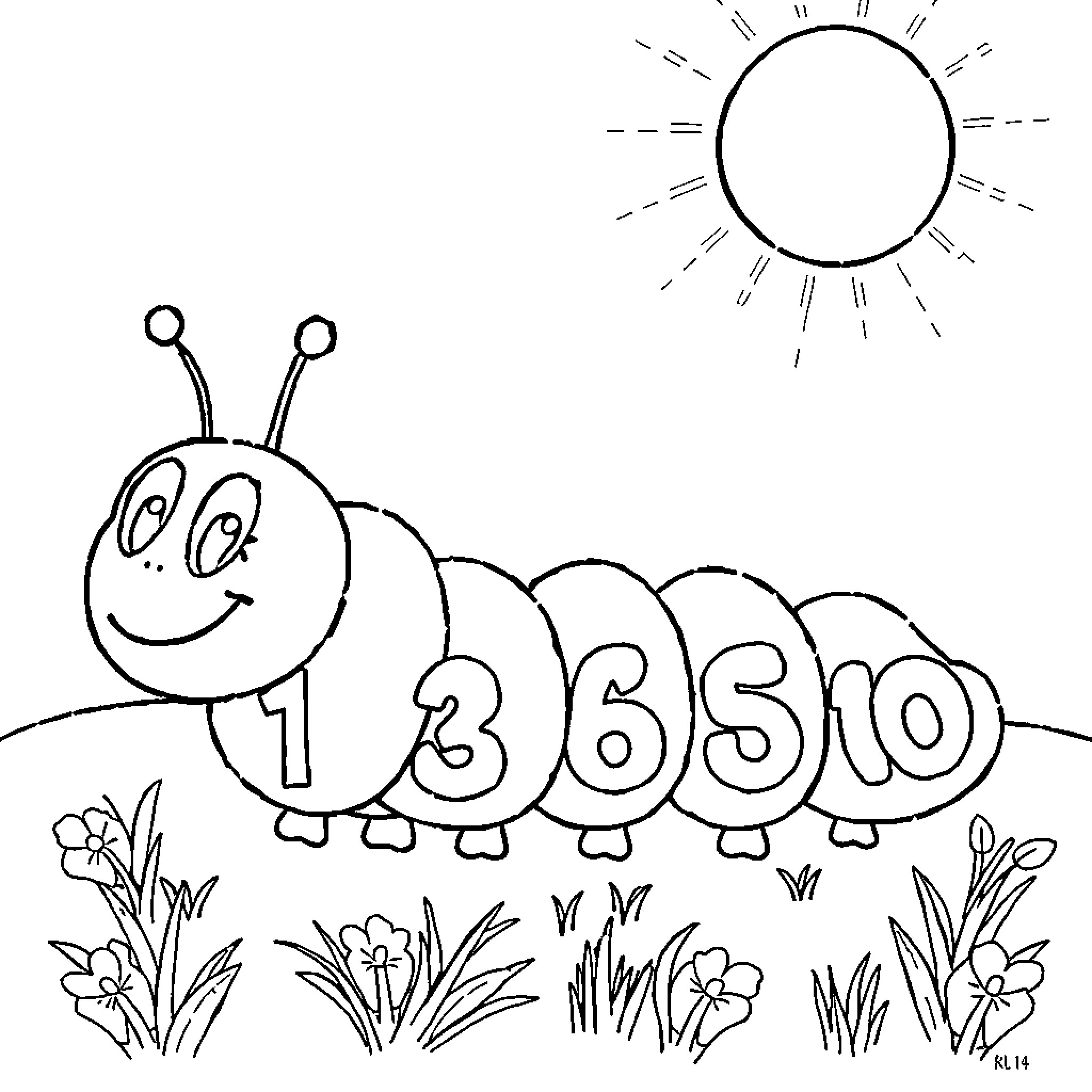 Caterpillar counting numbers on a sunny day Coloring Page (free black-and-white line drawing printable PDF for all, from beginners to advanced learners, including children, teens, adults, and seniors)