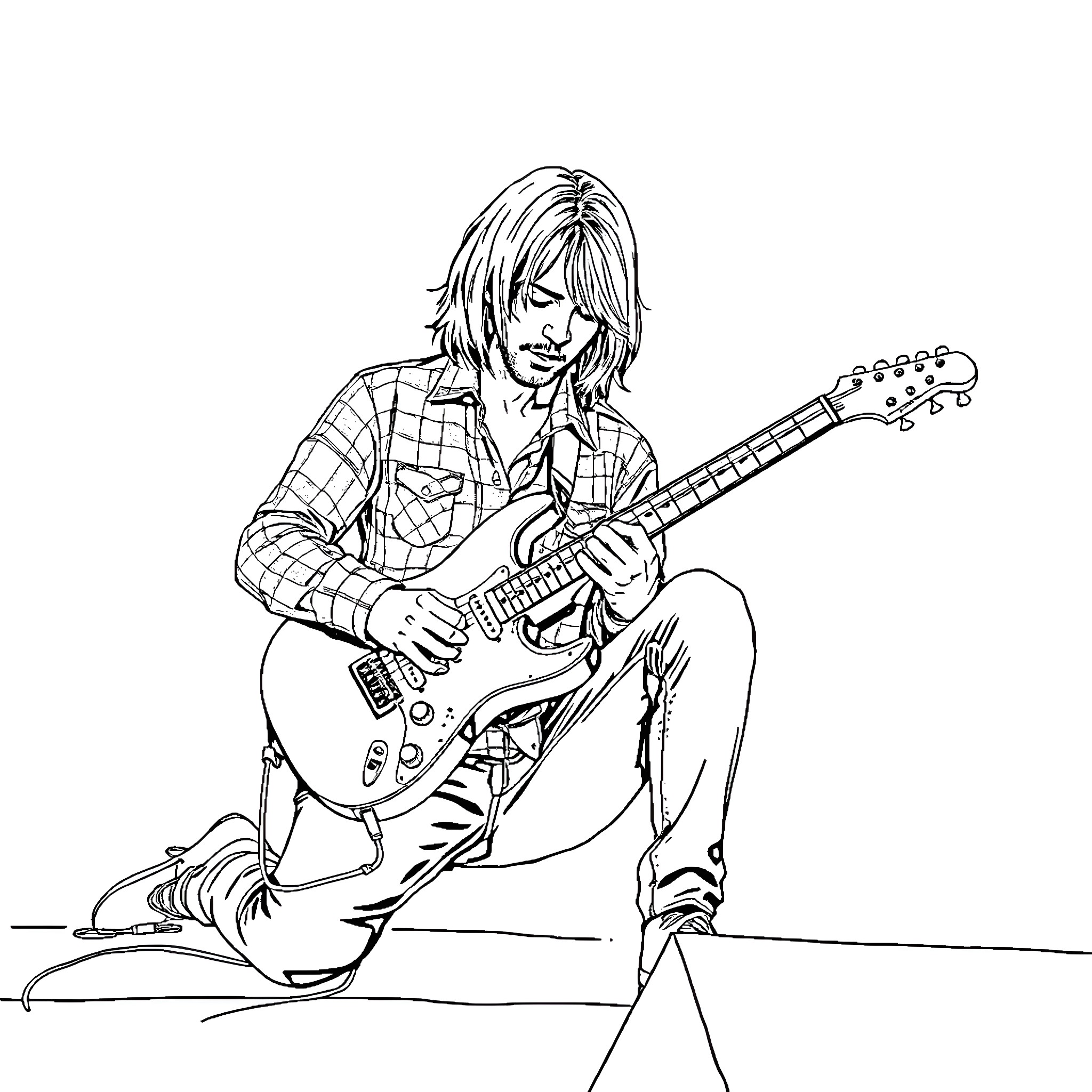 Kurt Cobain playing guitar in performance Coloring Page (free black-and-white line drawing printable PDF for all, from beginners to advanced learners, including children, teens, adults, and seniors)