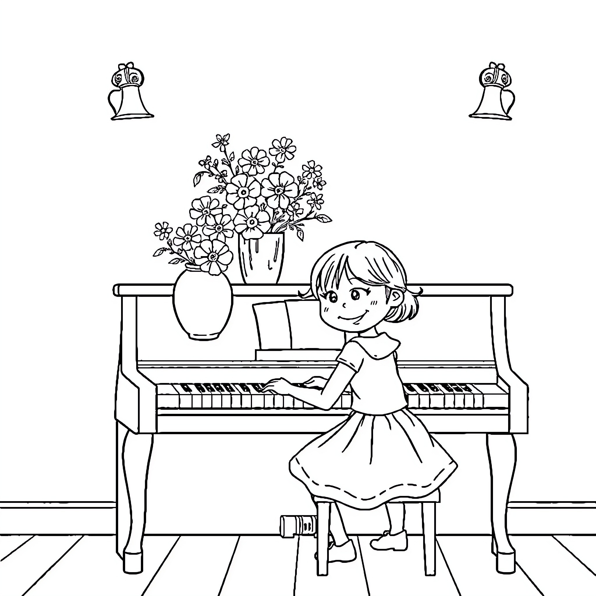 Girl playing piano in a room with flowers Coloring Page (free black-and-white line drawing printable PDF for all, from beginners to advanced learners, including children, teens, adults, and seniors)