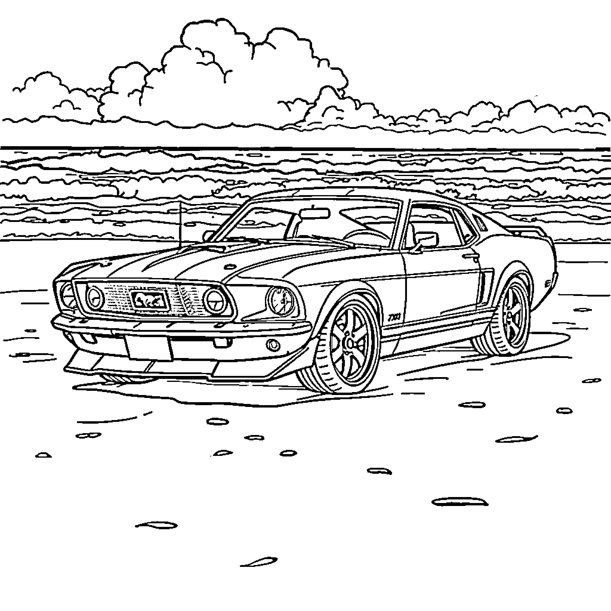 Mustang muscle car on the beach Coloring Page (free black-and-white line drawing printable PDF for all, from beginners to advanced learners, including children, teens, adults, and seniors)