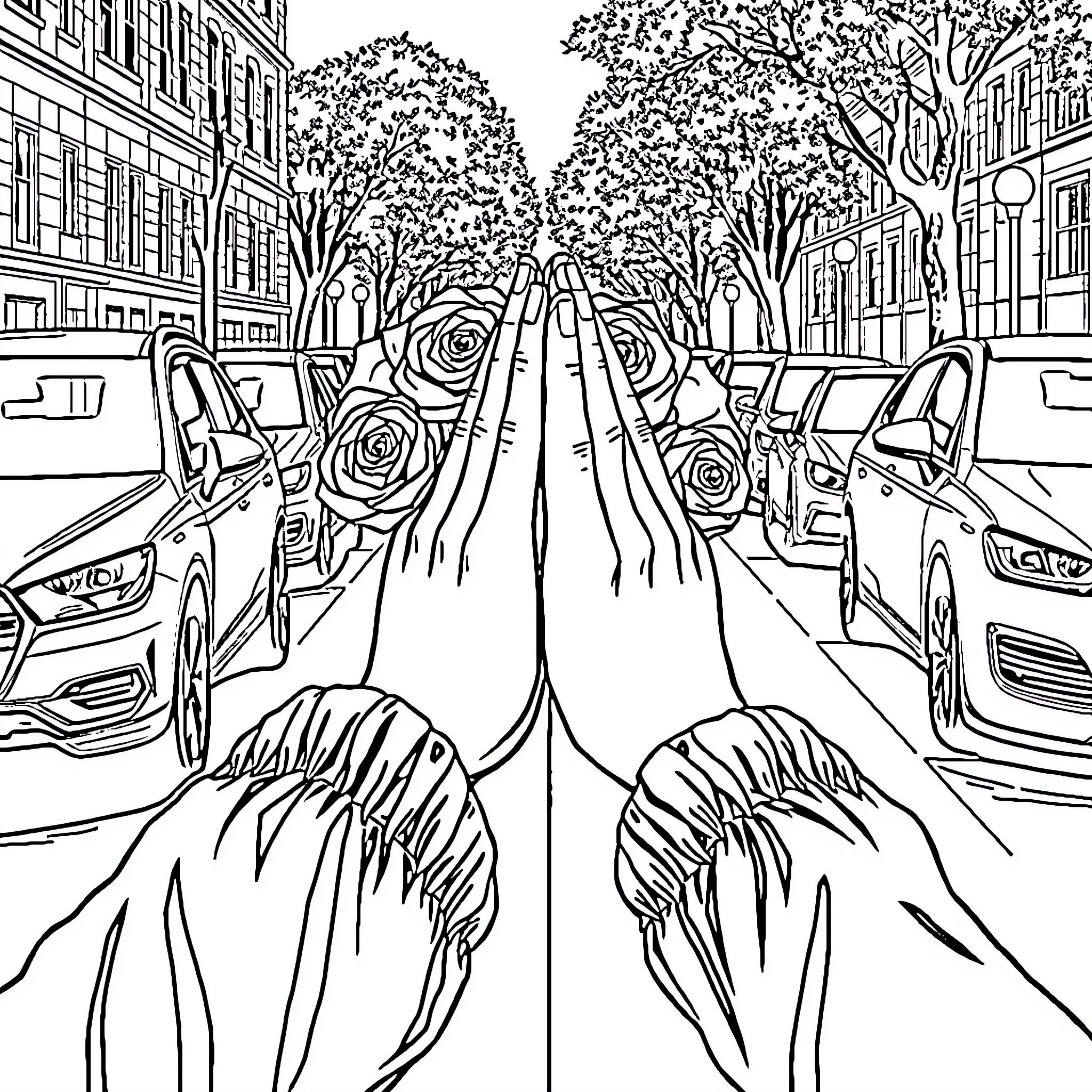 Rose-Lined City Street Scene Coloring Page (free black-and-white line drawing printable PDF for all, from beginners to advanced learners, including children, teens, adults, and seniors)