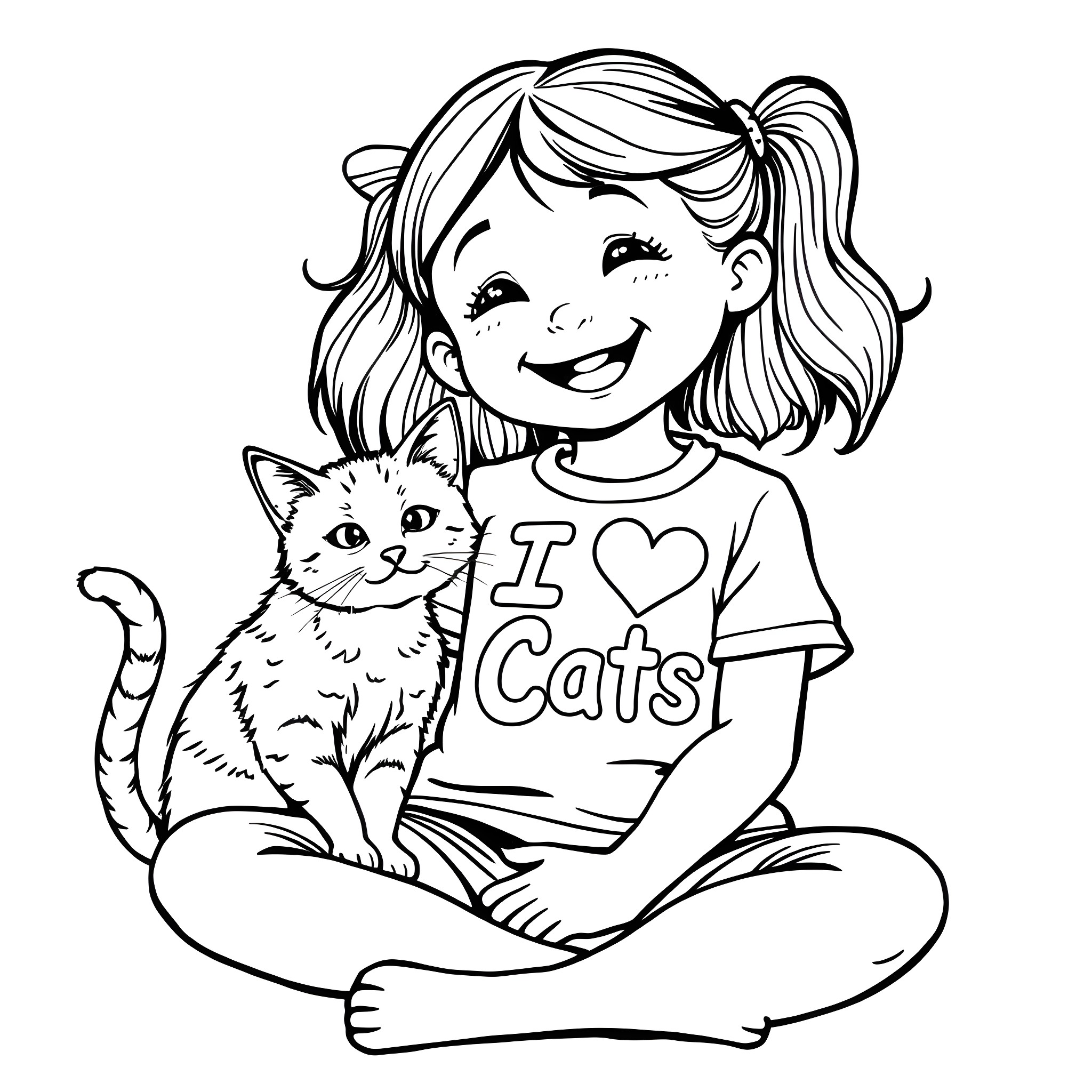 Cat-loving girl with her pet Coloring Page (free black-and-white line drawing printable PDF for all, from beginners to advanced learners, including children, teens, adults, and seniors)