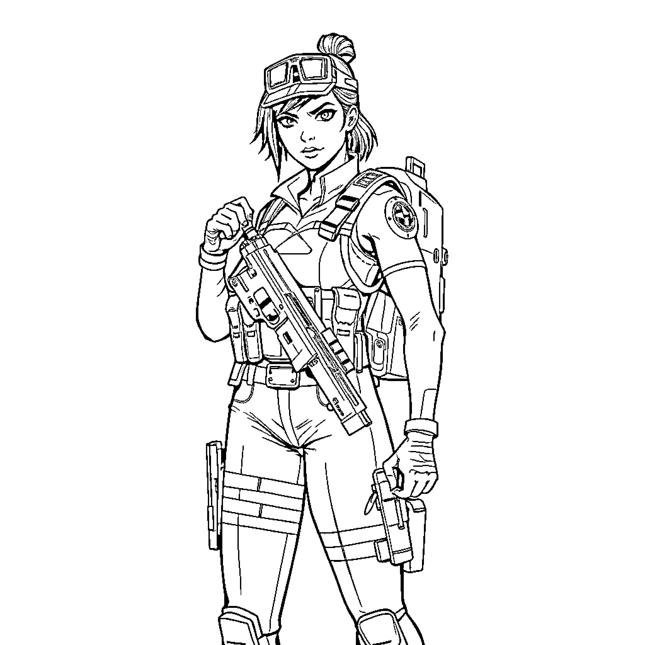 Jill Valentine in tactical gear and combat-ready pose Coloring Page (free black-and-white line drawing printable PDF for all, from beginners to advanced learners, including children, teens, adults, and seniors)