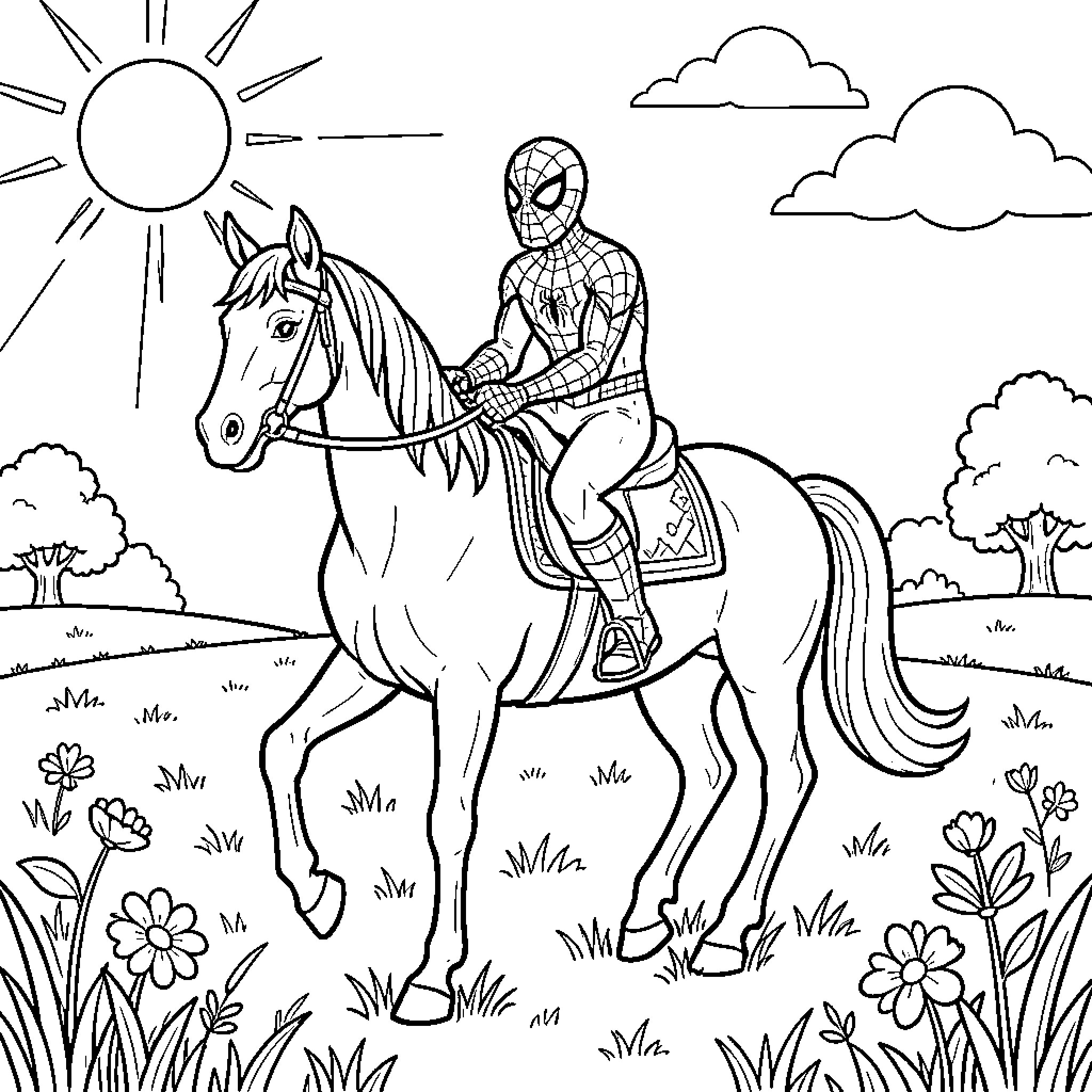 Spiderman riding a horse through a sunny meadow Coloring Page (free black-and-white line drawing printable PDF for all, from beginners to advanced learners, including children, teens, adults, and seniors)