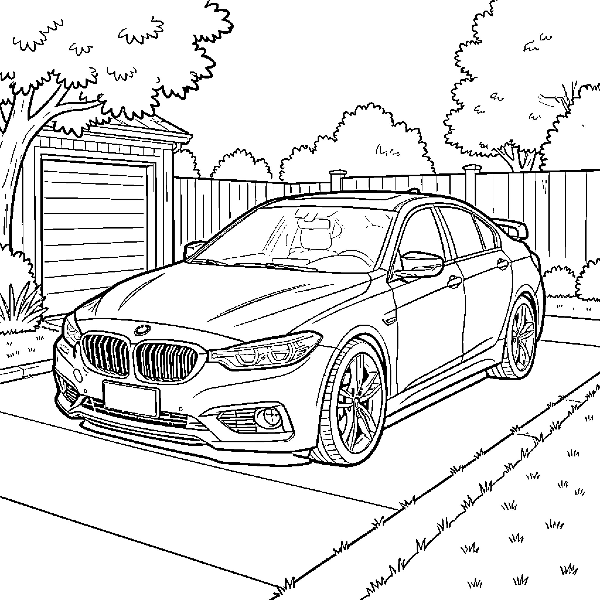 Car parked in a suburban driveway Coloring Page (free black-and-white line drawing printable PDF for all, from beginners to advanced learners, including children, teens, adults, and seniors)