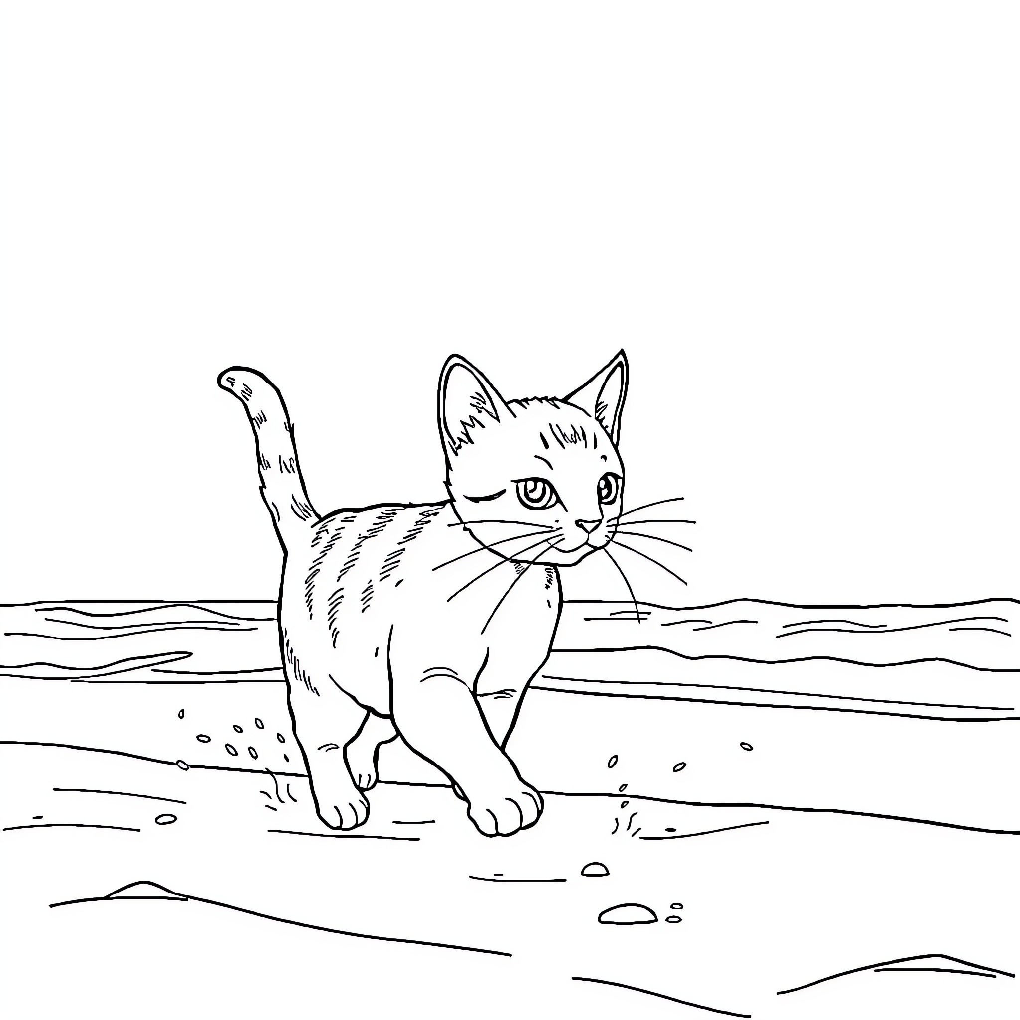 Cat exploring a natural outdoor scene Coloring Page (free black-and-white line drawing printable PDF for all, from beginners to advanced learners, including children, teens, adults, and seniors)