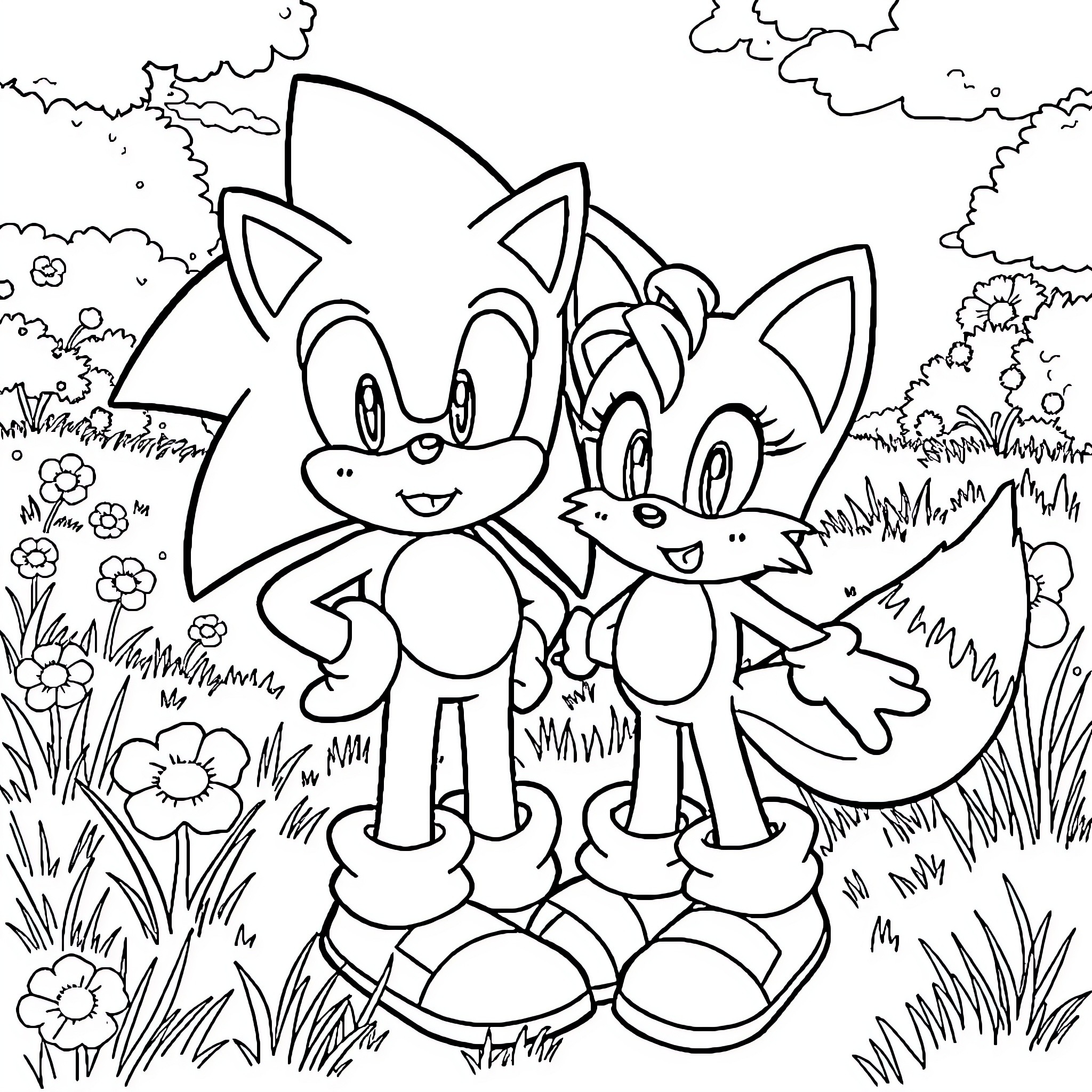 Sonic characters playing together in a nature scene Coloring Page (free black-and-white line drawing printable PDF for all, from beginners to advanced learners, including children, teens, adults, and seniors)