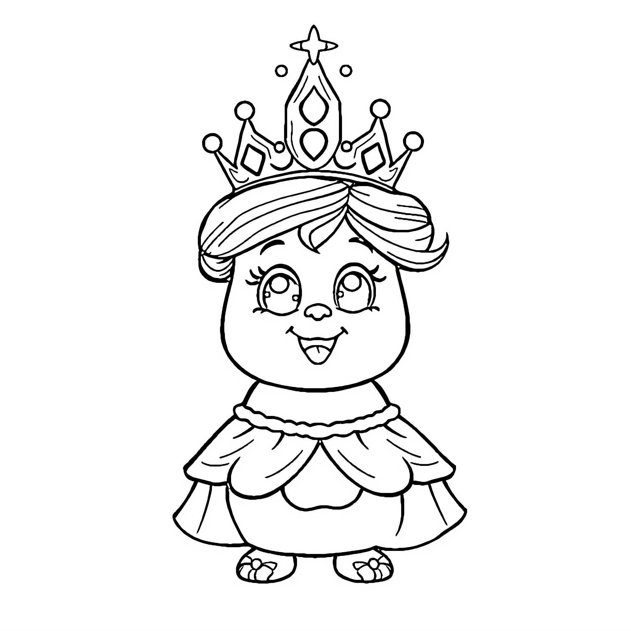 Princess in Regal Dress and Crown Coloring Page (free black-and-white line drawing printable PDF for all, from beginners to advanced learners, including children, teens, adults, and seniors)