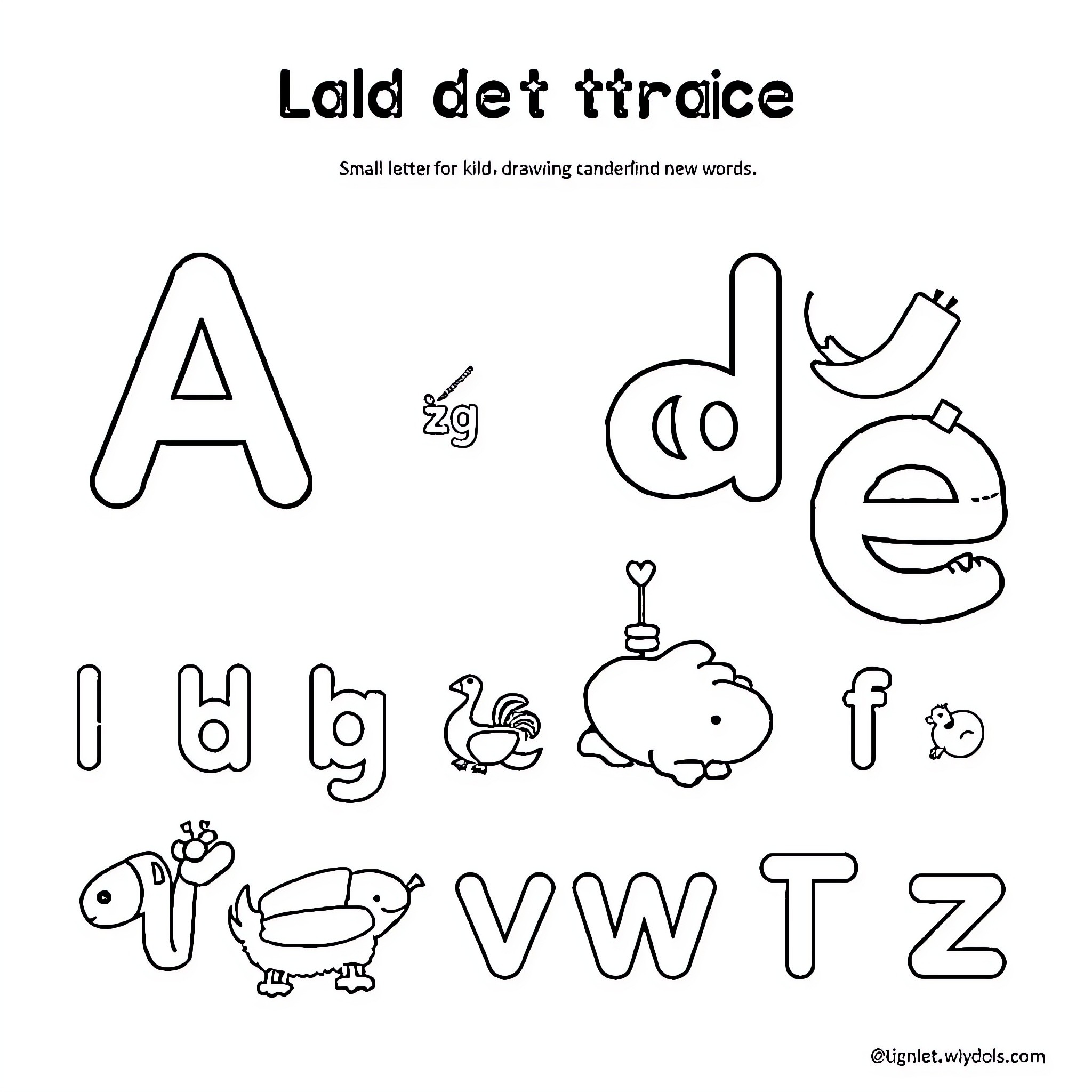 Alphabet with doodle-style drawings and new words Coloring Page (free black-and-white line drawing printable PDF for all, from beginners to advanced learners, including children, teens, adults, and seniors)