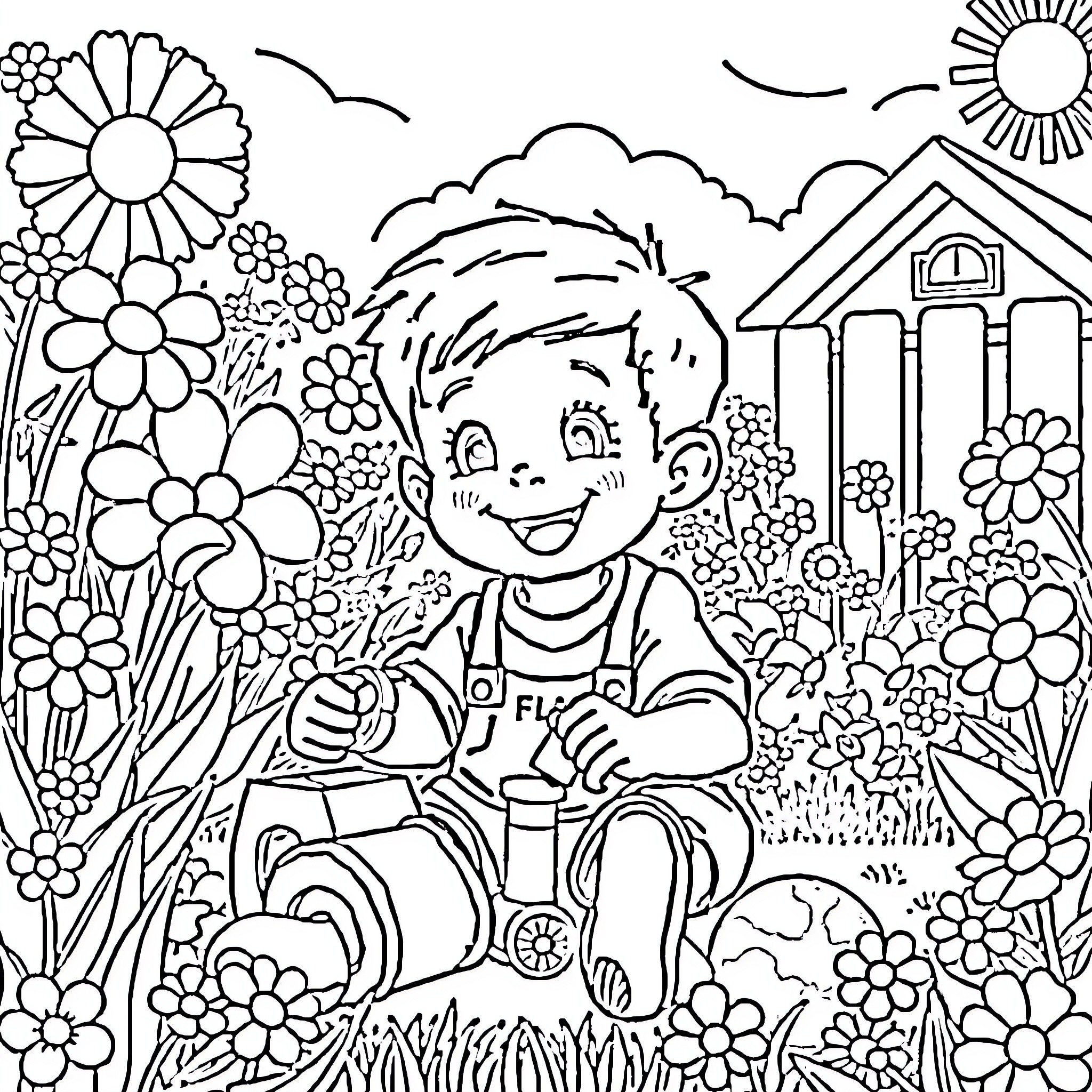Boy playing happily in a flower-filled garden Coloring Page (free black-and-white line drawing printable PDF for all, from beginners to advanced learners, including children, teens, adults, and seniors)