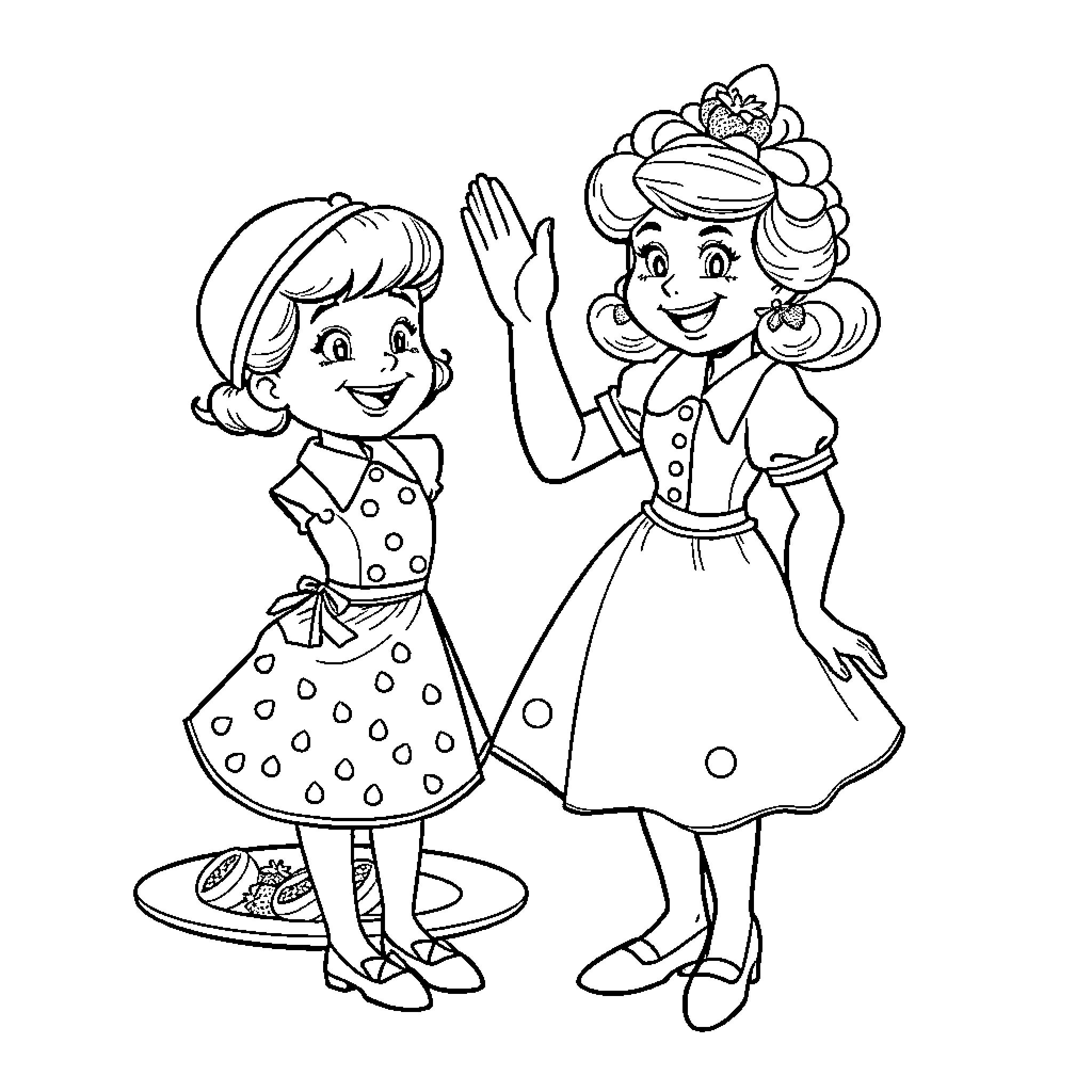 Strawberry Shortcake characters waving and smiling Coloring Page (free black-and-white line drawing printable PDF for all, from beginners to advanced learners, including children, teens, adults, and seniors)