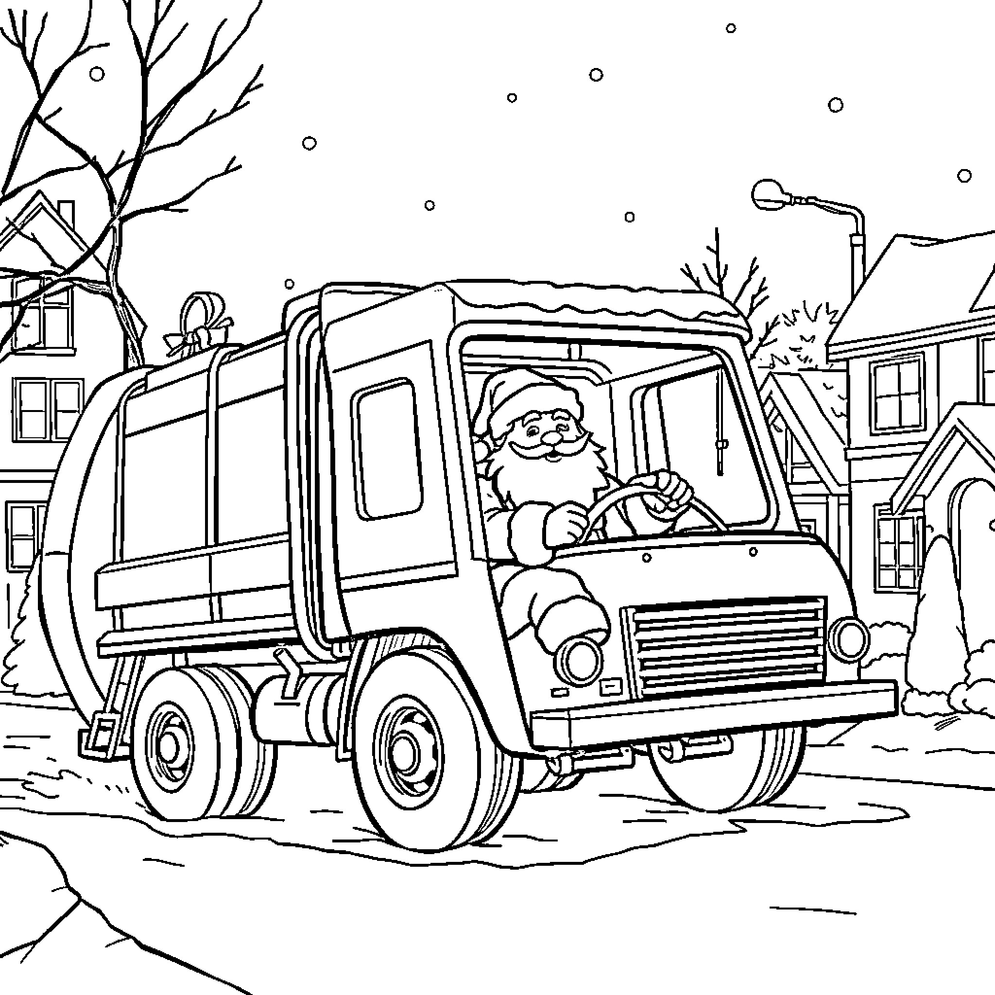 Santa driving a snowy garbage truck Coloring Page (free black-and-white line drawing printable PDF for all, from beginners to advanced learners, including children, teens, adults, and seniors)