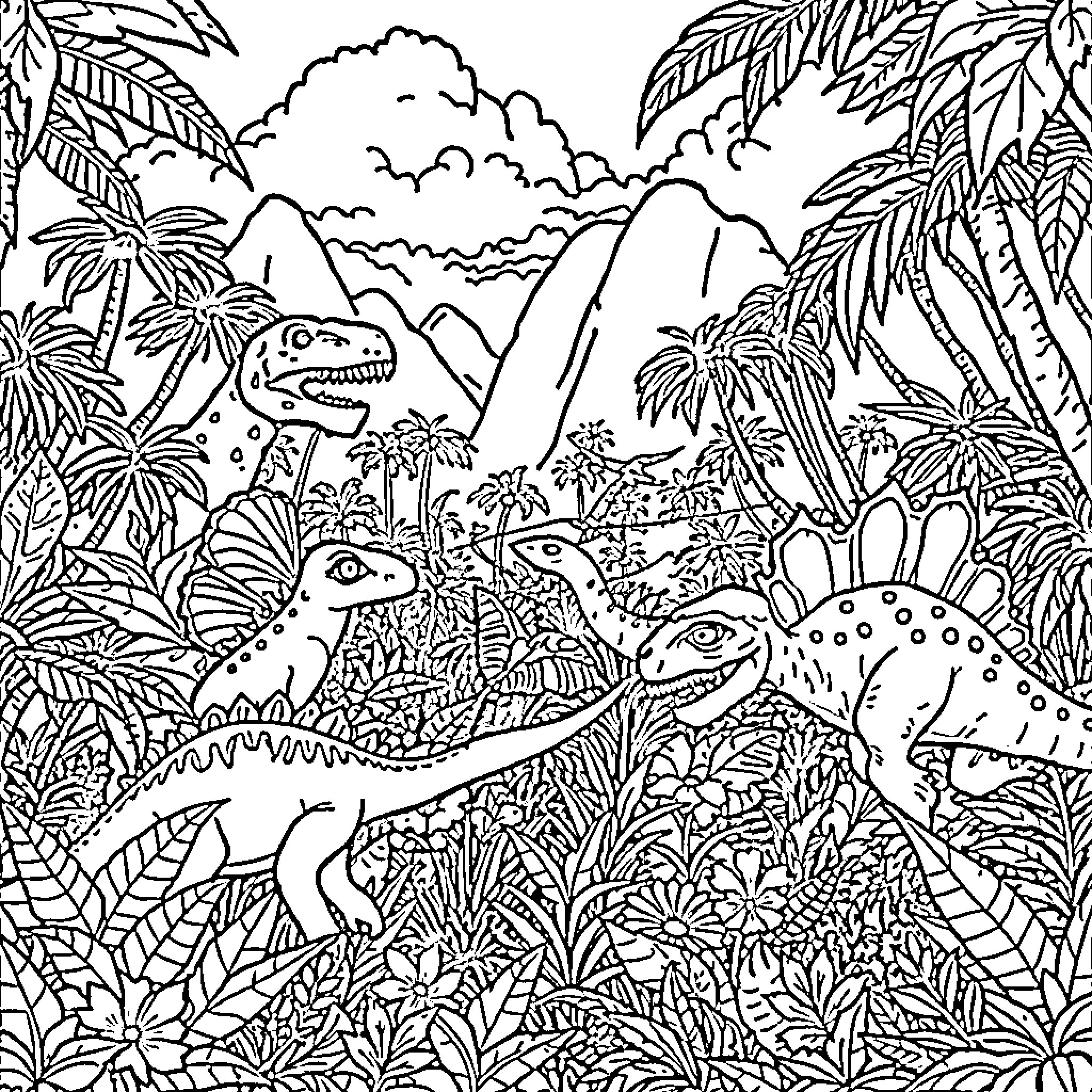 Dino Dinosaurs Explore Lush Prehistoric Jungle Coloring Page (free black-and-white line drawing printable PDF for all, from beginners to advanced learners, including children, teens, adults, and seniors)