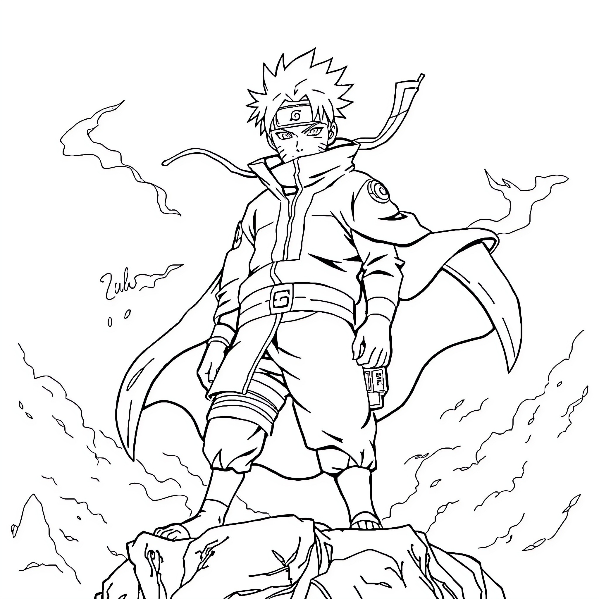 Naruto charging forward with determination in the storm Coloring Page (free black-and-white line drawing printable PDF for all, from beginners to advanced learners, including children, teens, adults, and seniors)