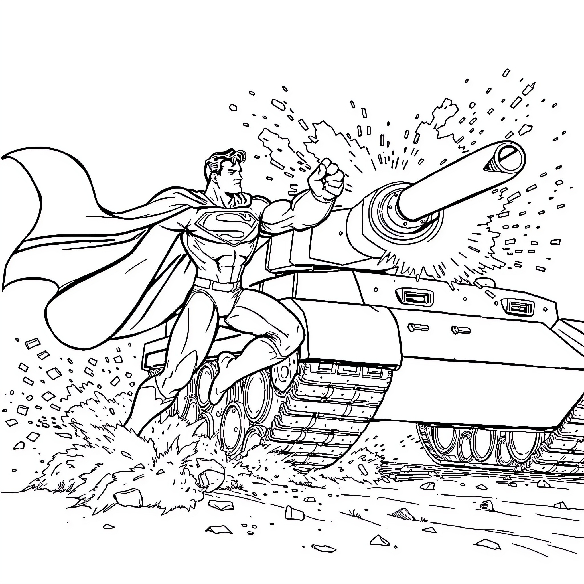 Superman unleashing powerful energy blast from tank Coloring Page (free black-and-white line drawing printable PDF for all, from beginners to advanced learners, including children, teens, adults, and seniors)