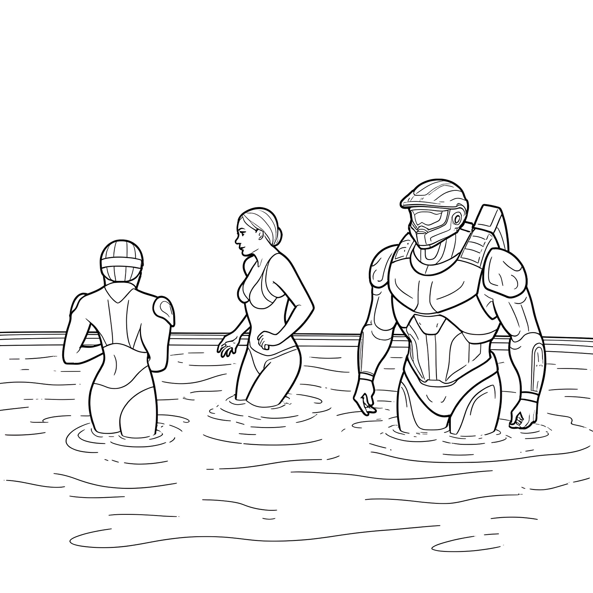 Swim Meet with Swimmers and Spectator Coloring Page (free black-and-white line drawing printable PDF for all, from beginners to advanced learners, including children, teens, adults, and seniors)