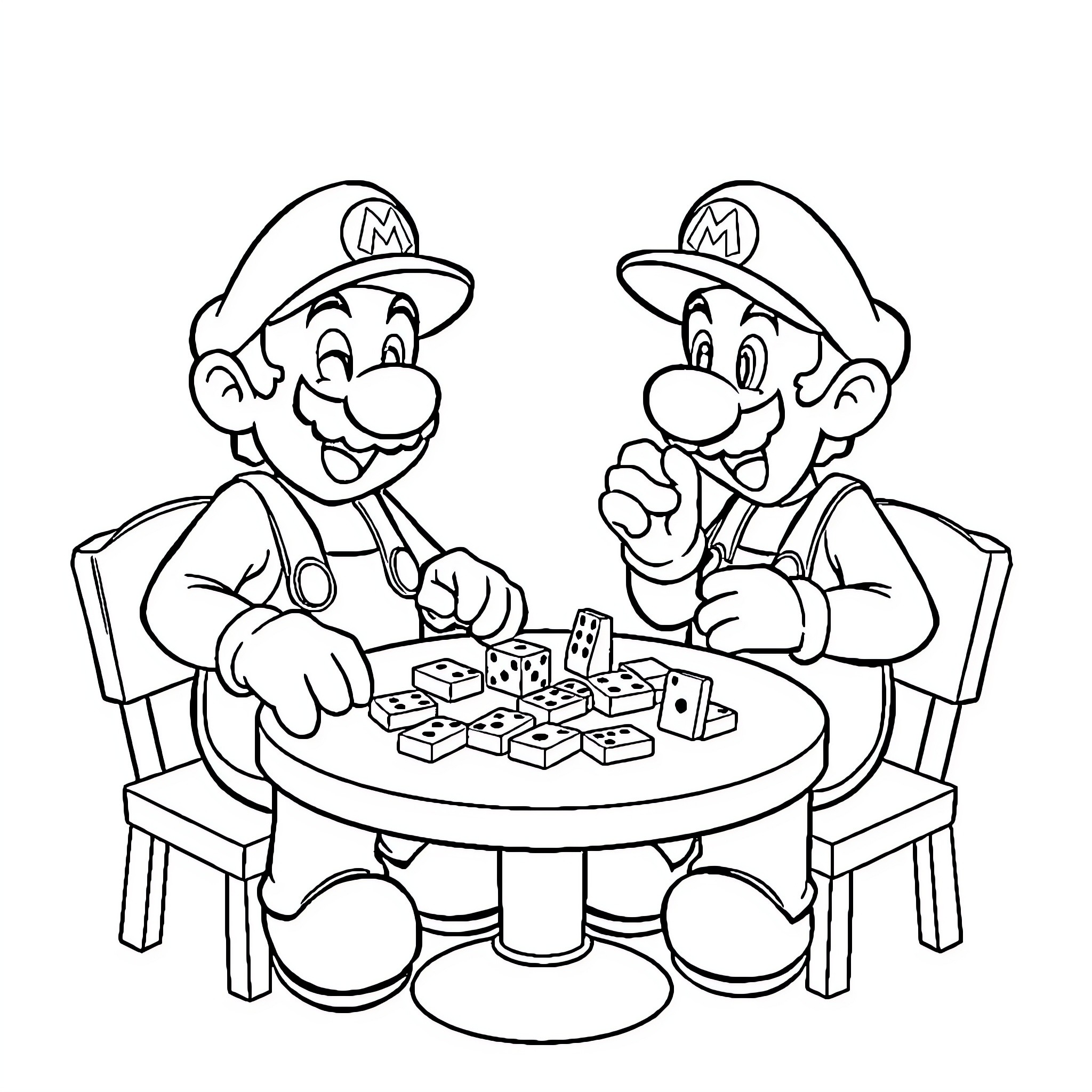 Mario brothers playing a board game together Coloring Page (free black-and-white line drawing printable PDF for all, from beginners to advanced learners, including children, teens, adults, and seniors)