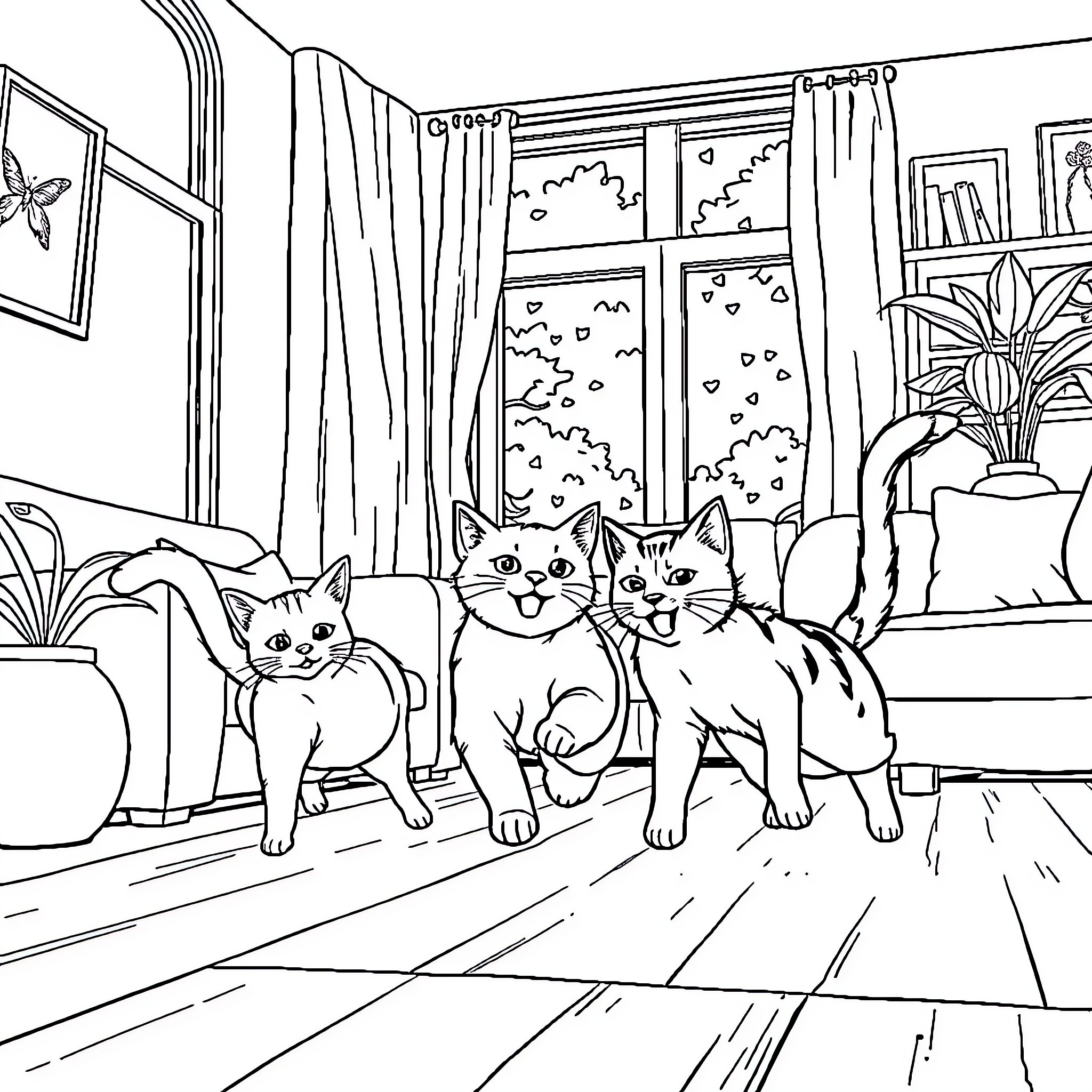Cats Relaxing in Cozy Living Room Coloring Page (free black-and-white line drawing printable PDF for all, from beginners to advanced learners, including children, teens, adults, and seniors)
