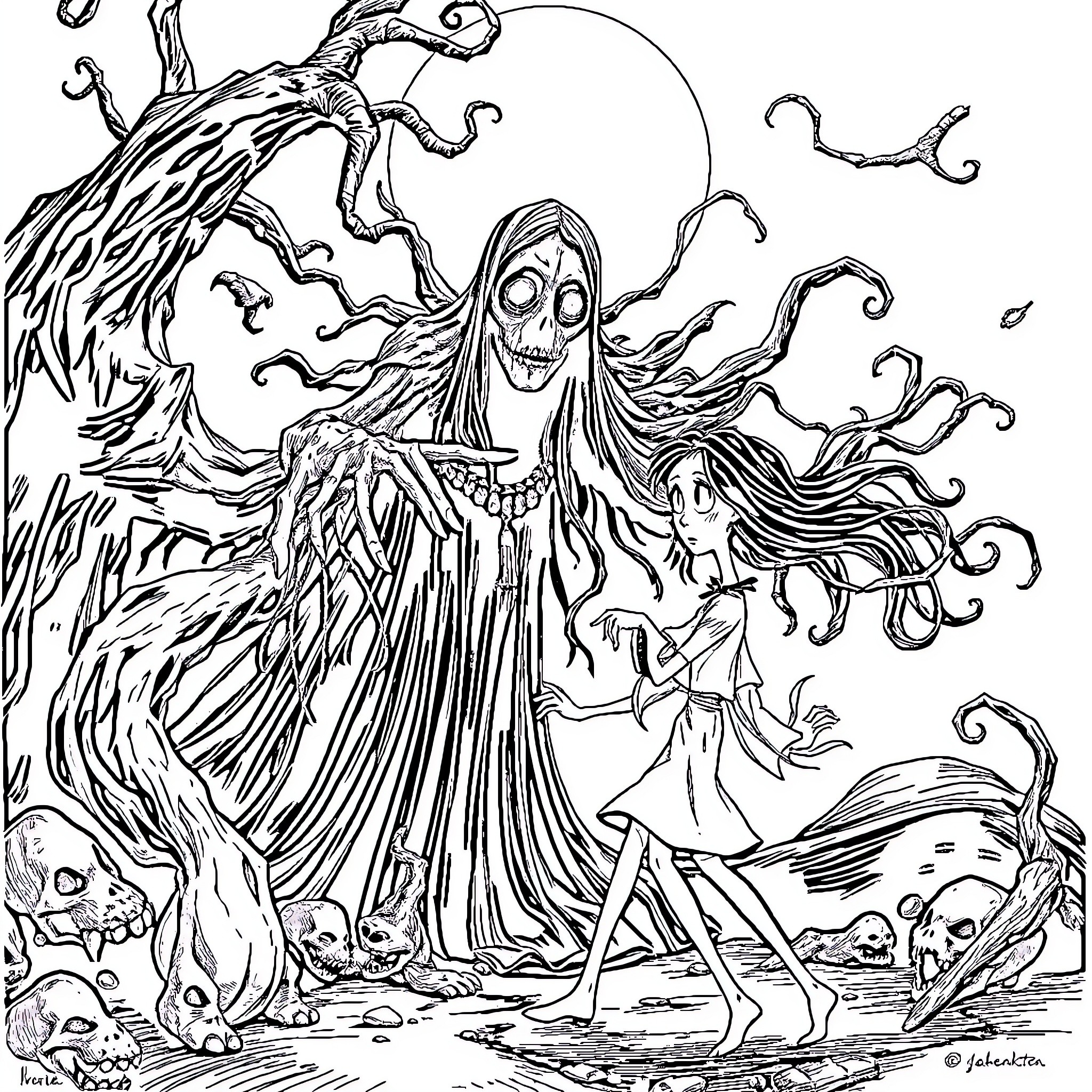 Coraline's Fantastical Encounter with Otherworldly Beings Coloring Page (free black-and-white line drawing printable PDF for all, from beginners to advanced learners, including children, teens, adults, and seniors)
