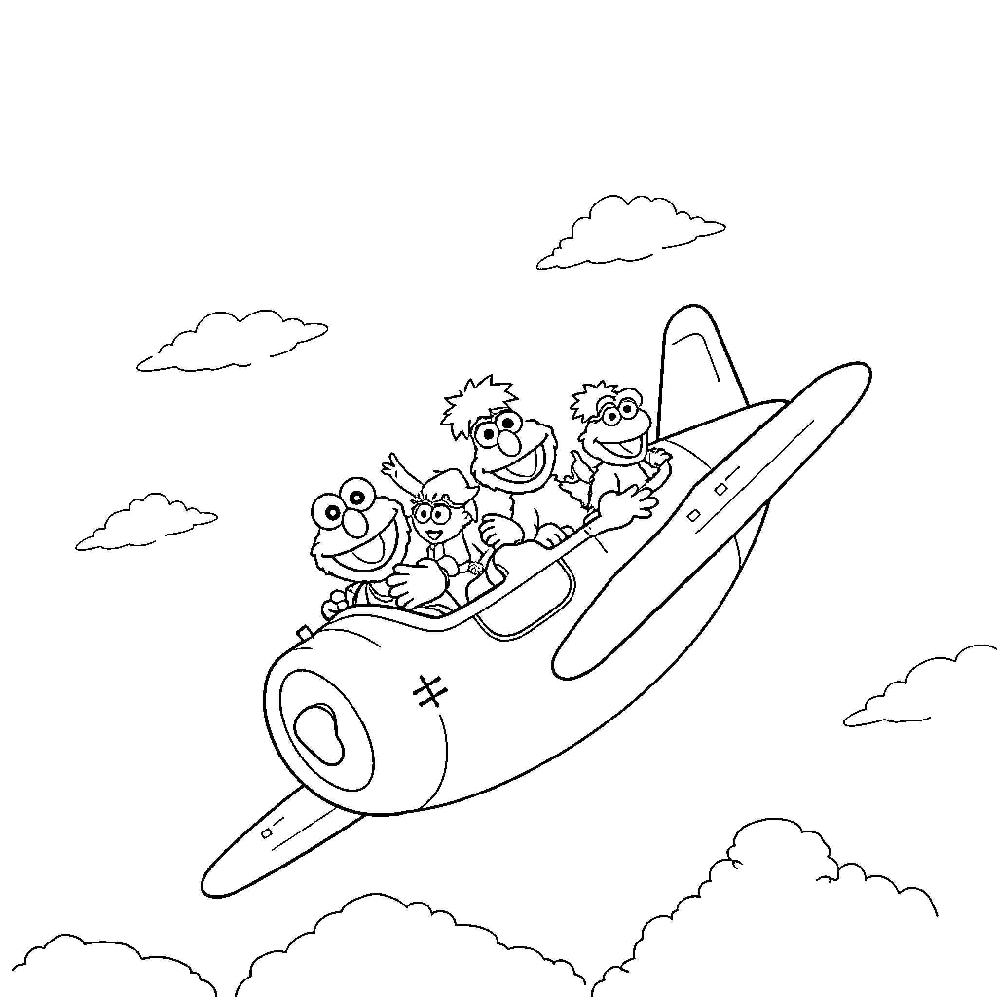 Sesame Street characters on a fun airplane adventure Coloring Page (free black-and-white line drawing printable PDF for all, from beginners to advanced learners, including children, teens, adults, and seniors)