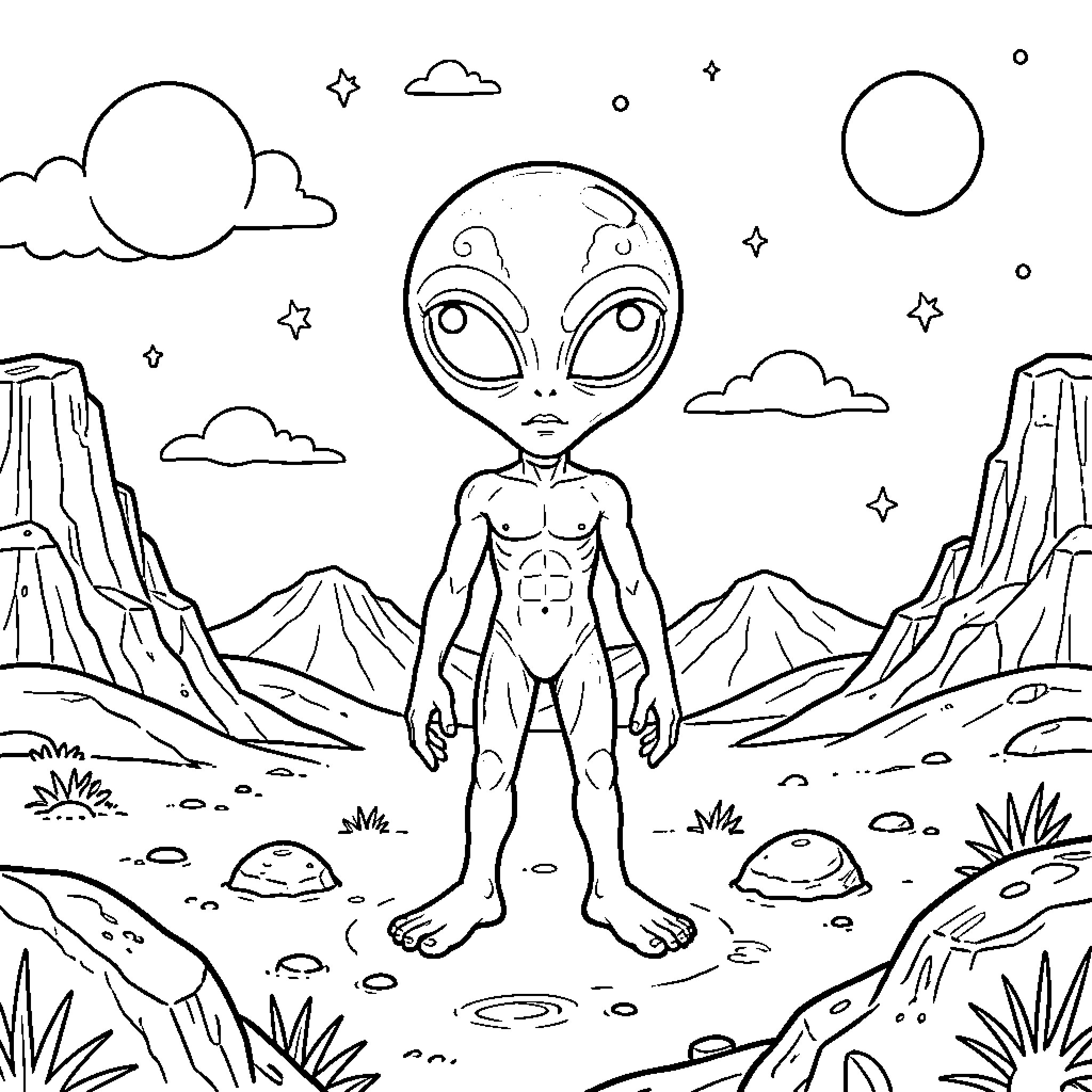 Alien exploring the mysterious landscape Coloring Page (free black-and-white line drawing printable PDF for all, from beginners to advanced learners, including children, teens, adults, and seniors)
