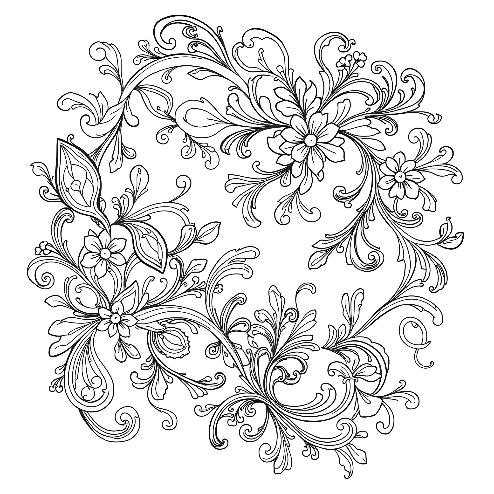 Paisley floral pattern with intricate design Coloring Page (free black-and-white line drawing printable PDF for all, from beginners to advanced learners, including children, teens, adults, and seniors)