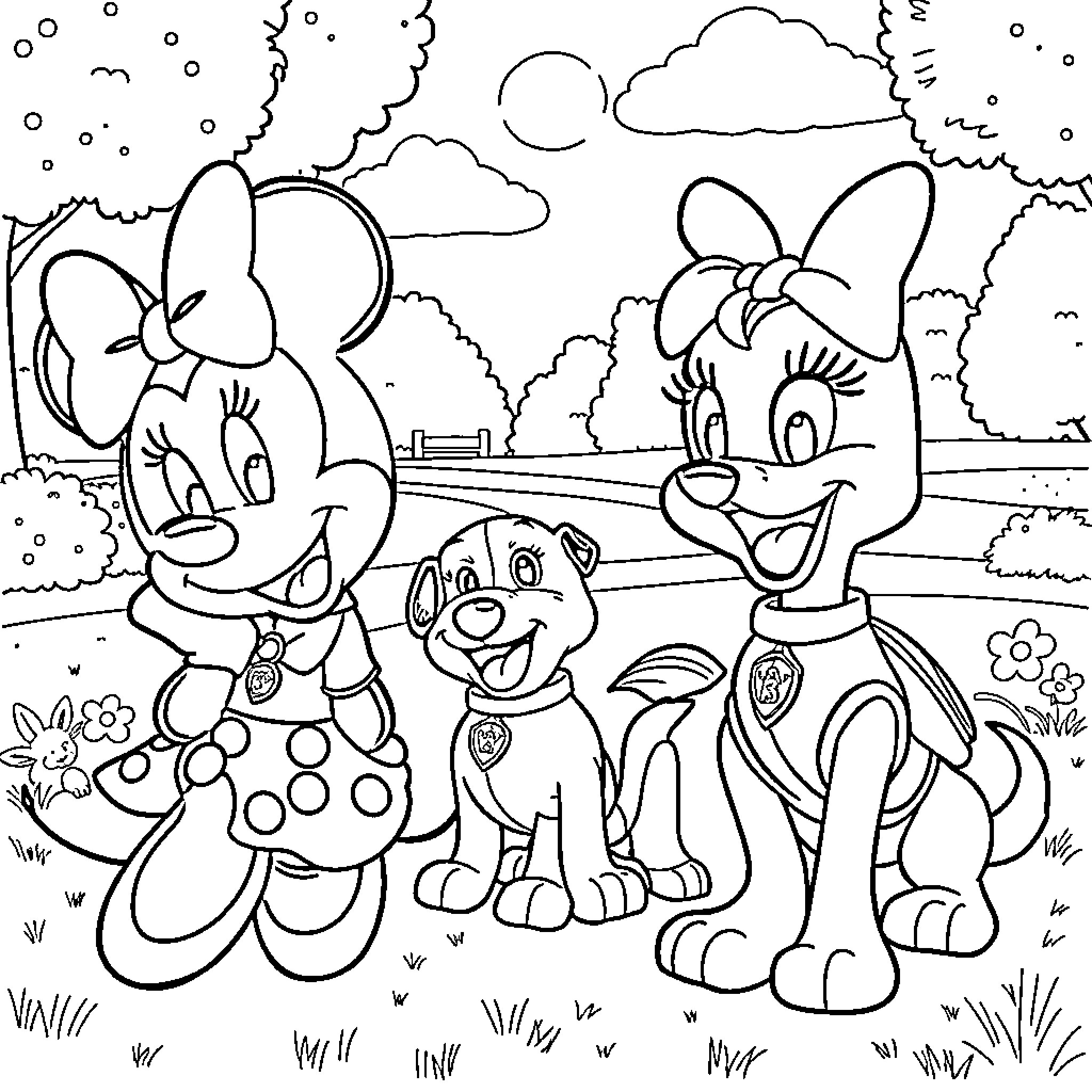 Minnie Mouse and friends in a nature scene Coloring Page (free black-and-white line drawing printable PDF for all, from beginners to advanced learners, including children, teens, adults, and seniors)