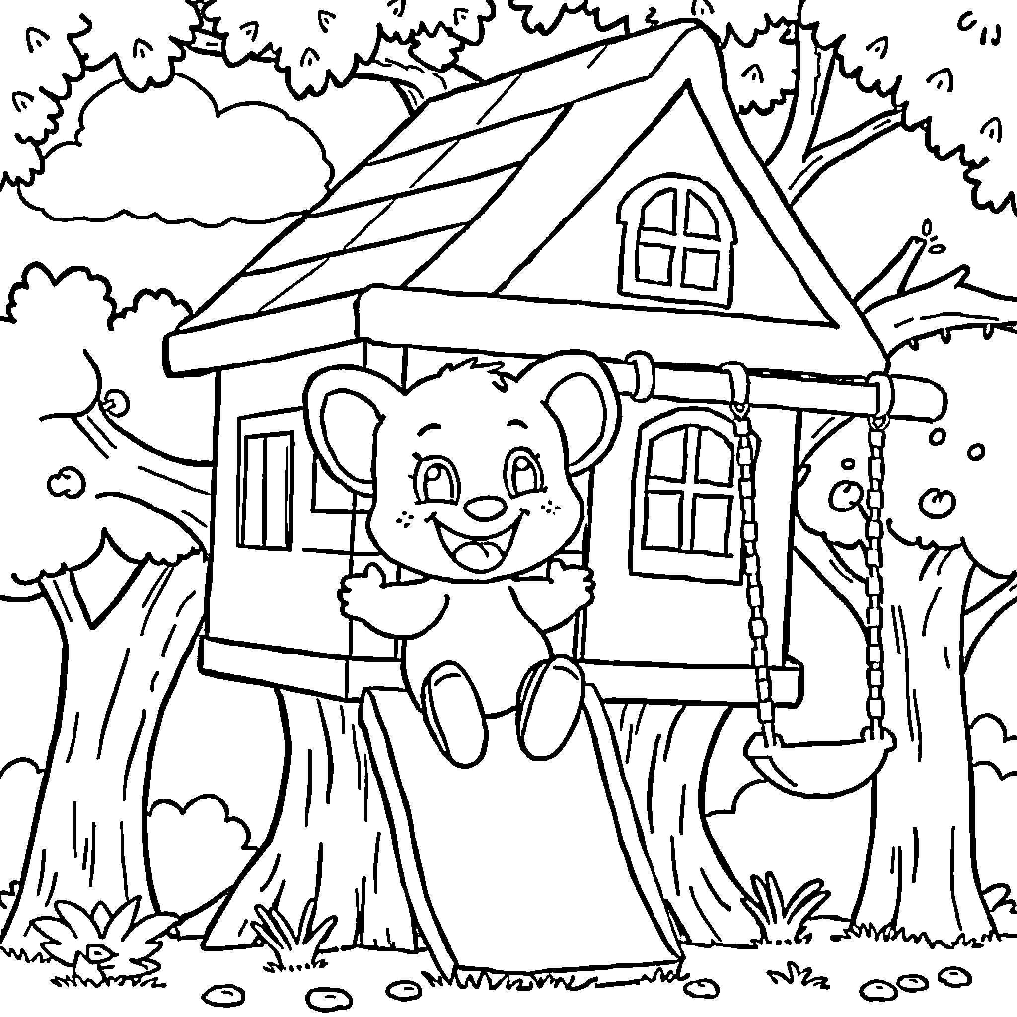 Bluey playing in a treehouse in the forest Coloring Page (free black-and-white line drawing printable PDF for all, from beginners to advanced learners, including children, teens, adults, and seniors)