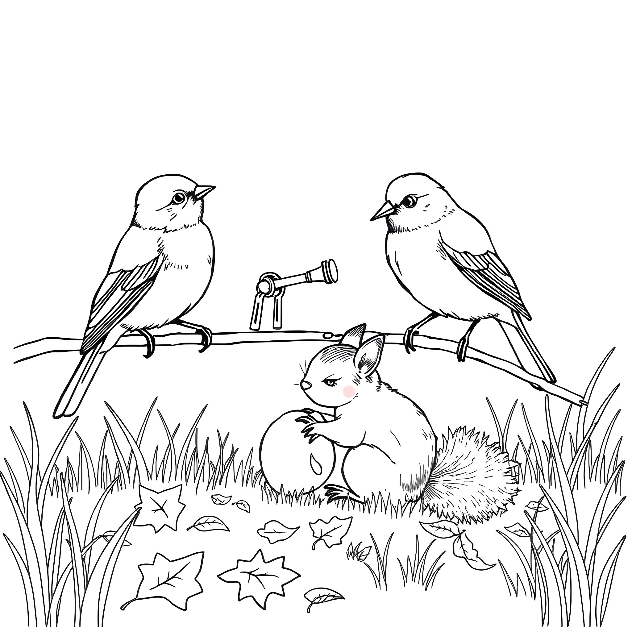 Birds perched on branches observing small animal in grass Coloring Page (free black-and-white line drawing printable PDF for all, from beginners to advanced learners, including children, teens, adults, and seniors)