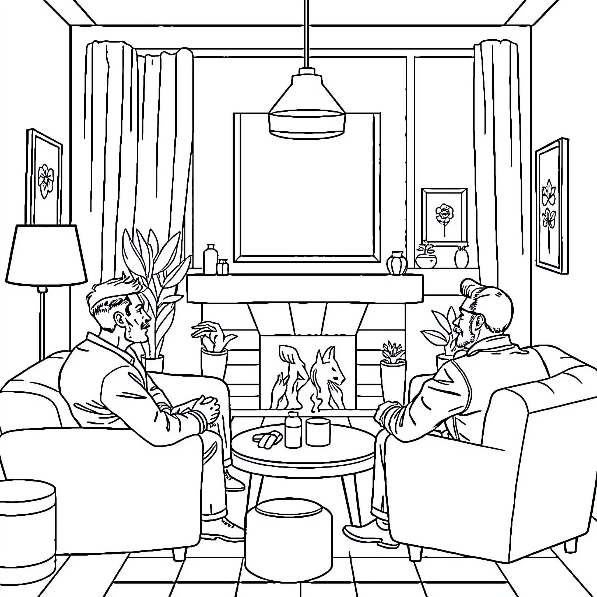 Masculinity in Quiet Conversation Coloring Page (free black-and-white line drawing printable PDF for all, from beginners to advanced learners, including children, teens, adults, and seniors)