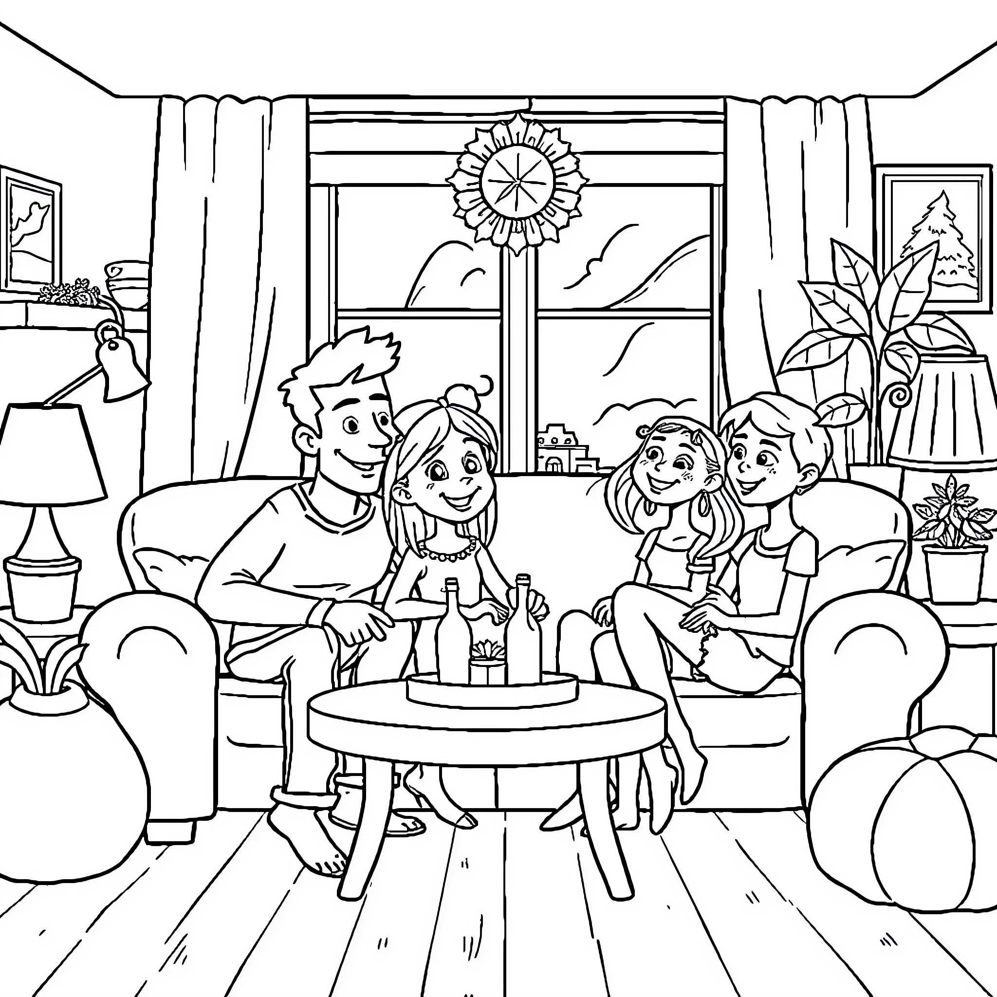 Family enjoying a cozy gathering indoors Coloring Page (free black-and-white line drawing printable PDF for all, from beginners to advanced learners, including children, teens, adults, and seniors)