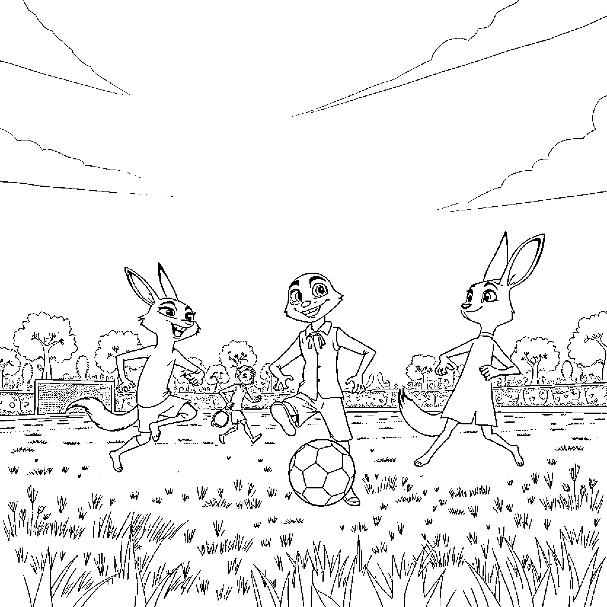 Zootopia characters playing soccer in the park Coloring Page (free black-and-white line drawing printable PDF for all, from beginners to advanced learners, including children, teens, adults, and seniors)