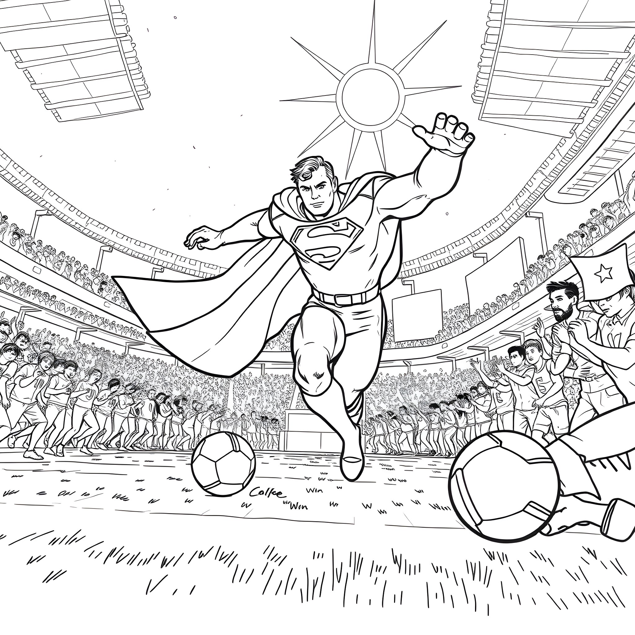 Superman saving the day at a soccer match Coloring Page (free black-and-white line drawing printable PDF for all, from beginners to advanced learners, including children, teens, adults, and seniors)