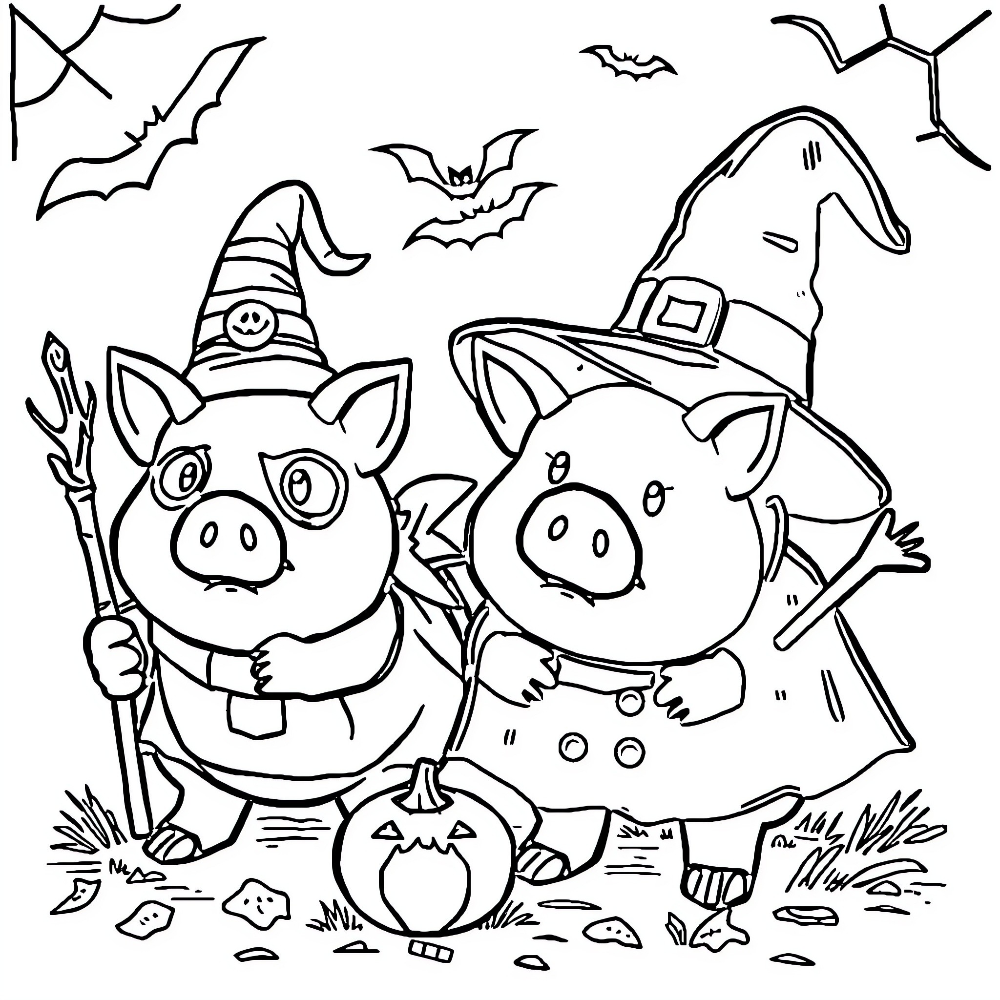 Piggy Bank Halloween Celebration with Witches Coloring Page (free black-and-white line drawing printable PDF for all, from beginners to advanced learners, including children, teens, adults, and seniors)