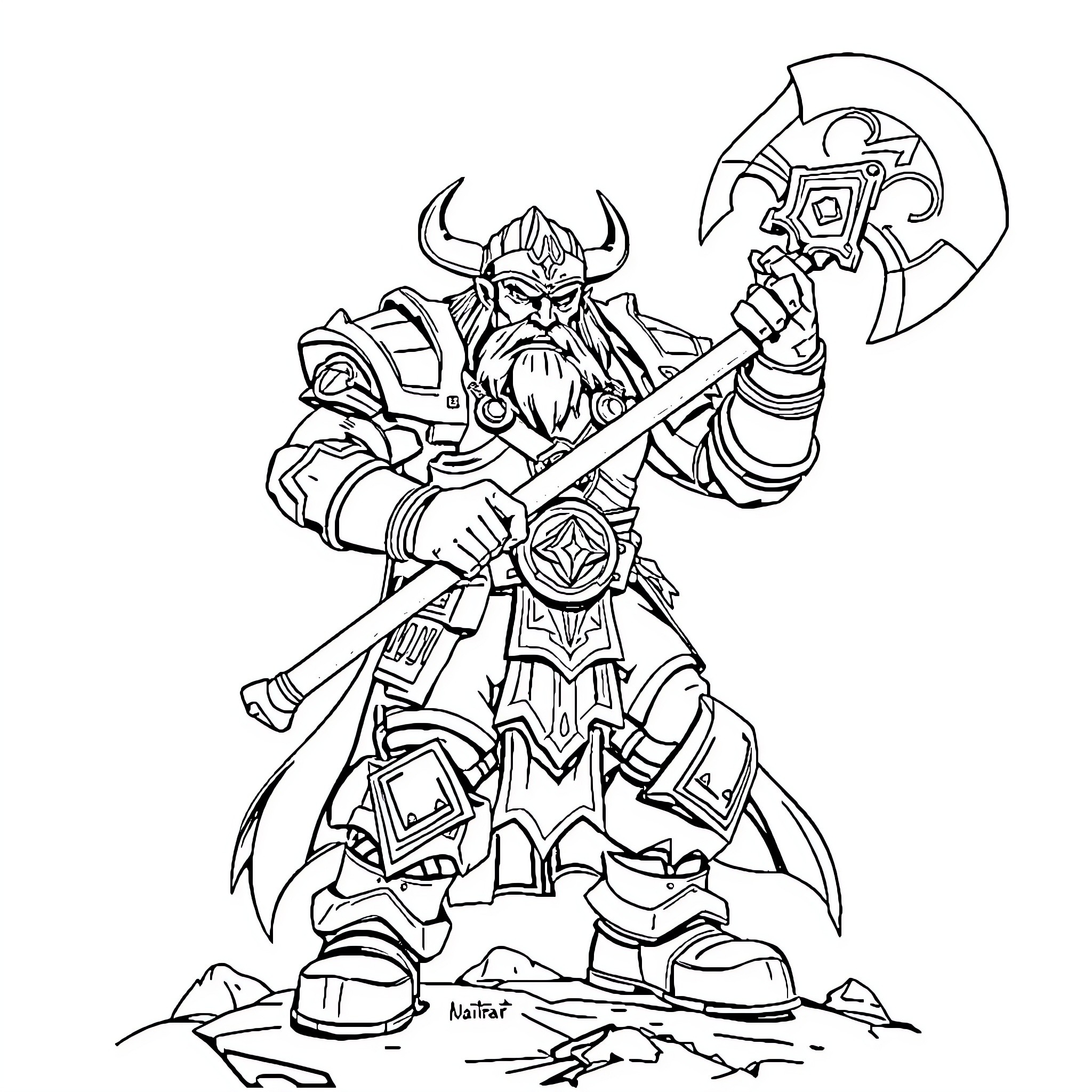 Warrior Viking Wielding Mighty Axe in Fierce Battle Coloring Page (free black-and-white line drawing printable PDF for all, from beginners to advanced learners, including children, teens, adults, and seniors)
