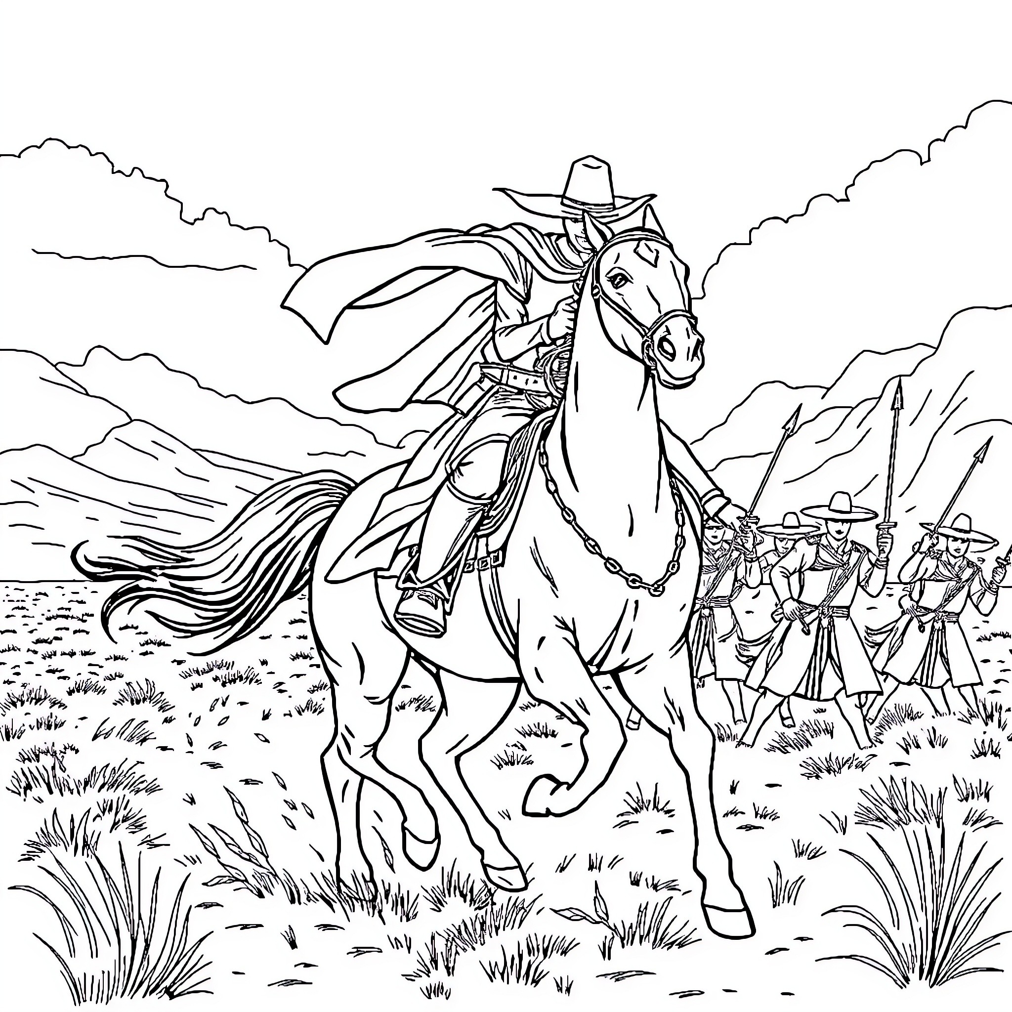 Zorro riding a horse in the wilderness Coloring Page (free black-and-white line drawing printable PDF for all, from beginners to advanced learners, including children, teens, adults, and seniors)