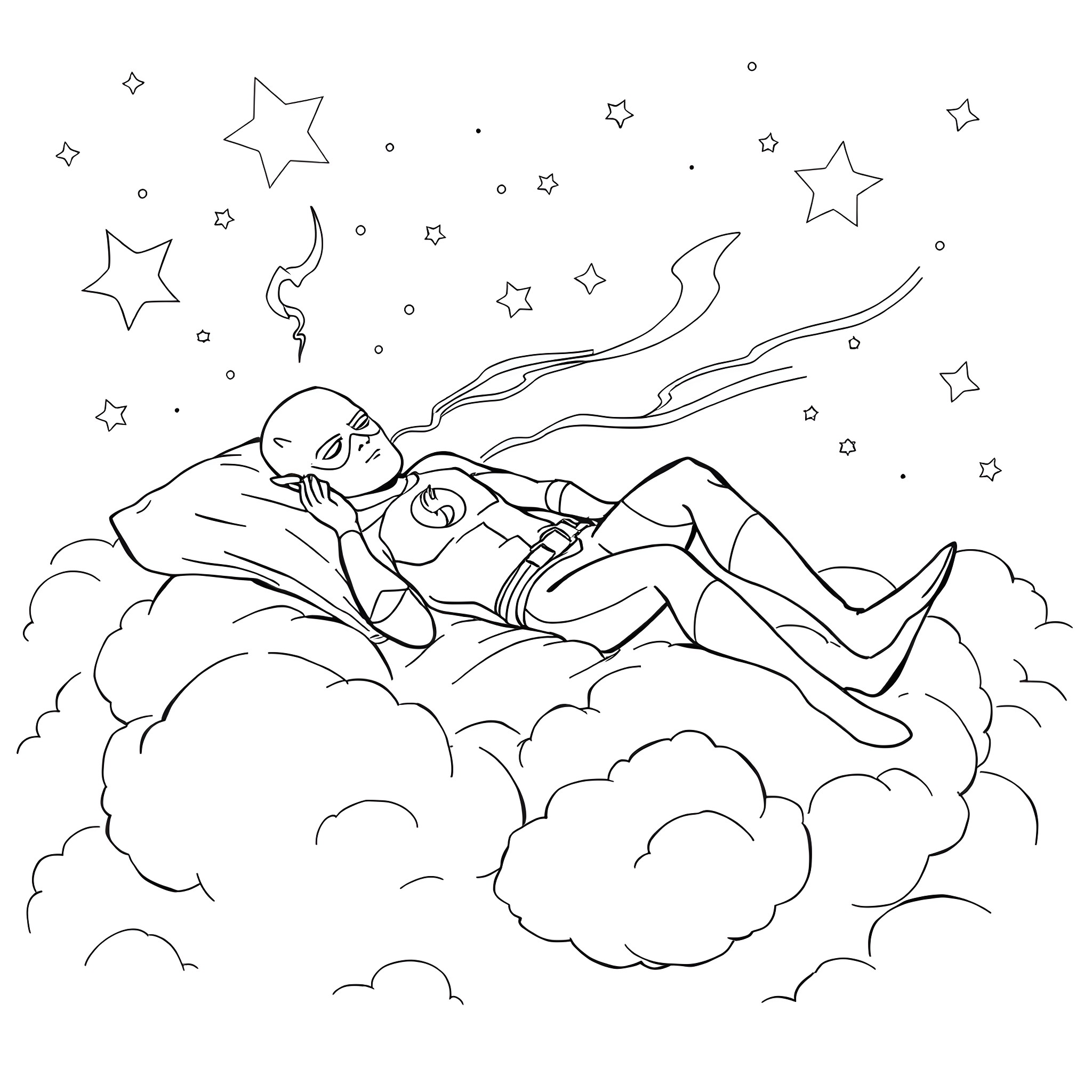 Flash resting on the clouds under a starry night Coloring Page (free black-and-white line drawing printable PDF for all, from beginners to advanced learners, including children, teens, adults, and seniors)