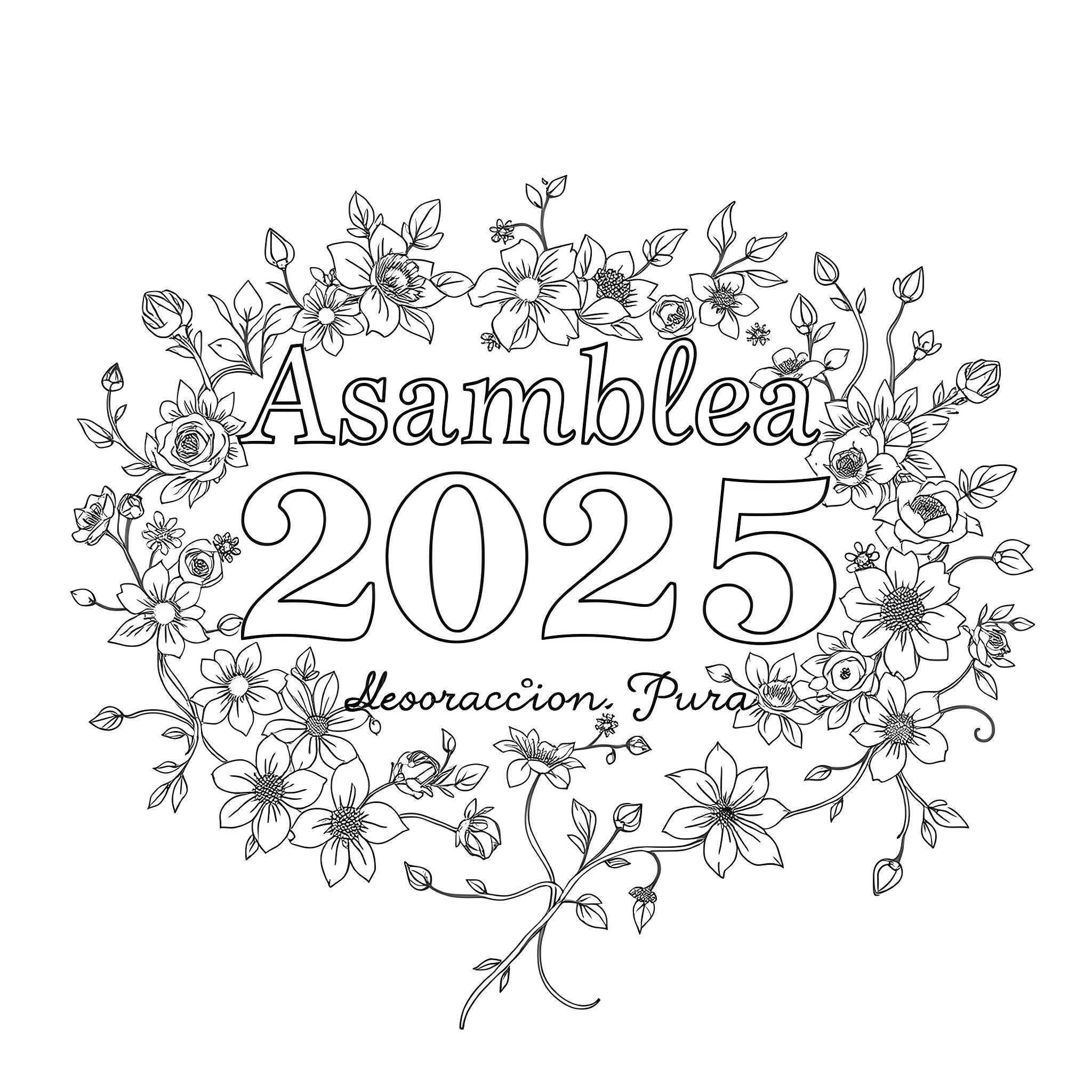 Flower-themed decorative artwork with text Coloring Page (free black-and-white line drawing printable PDF for all, from beginners to advanced learners, including children, teens, adults, and seniors)