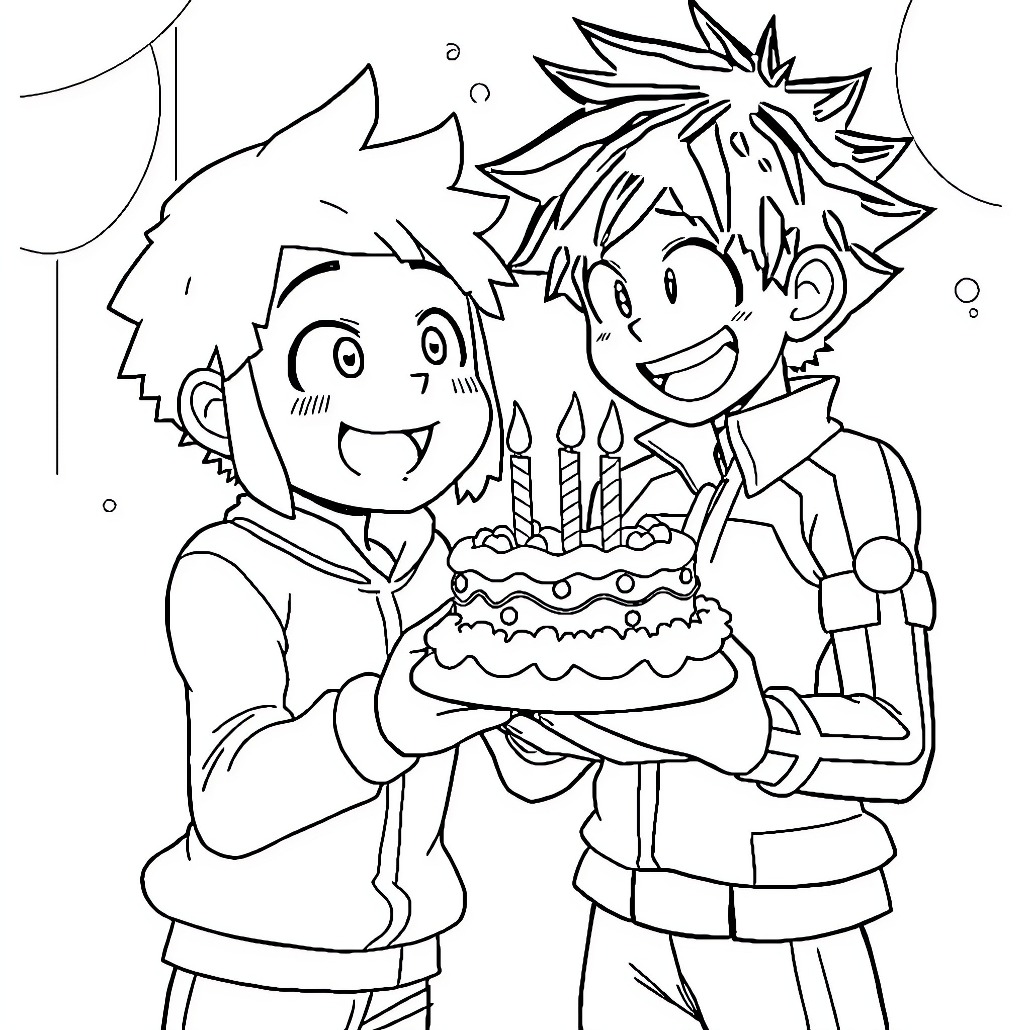 Deku's Birthday Celebration with Friends Coloring Page (free black-and-white line drawing printable PDF for all, from beginners to advanced learners, including children, teens, adults, and seniors)