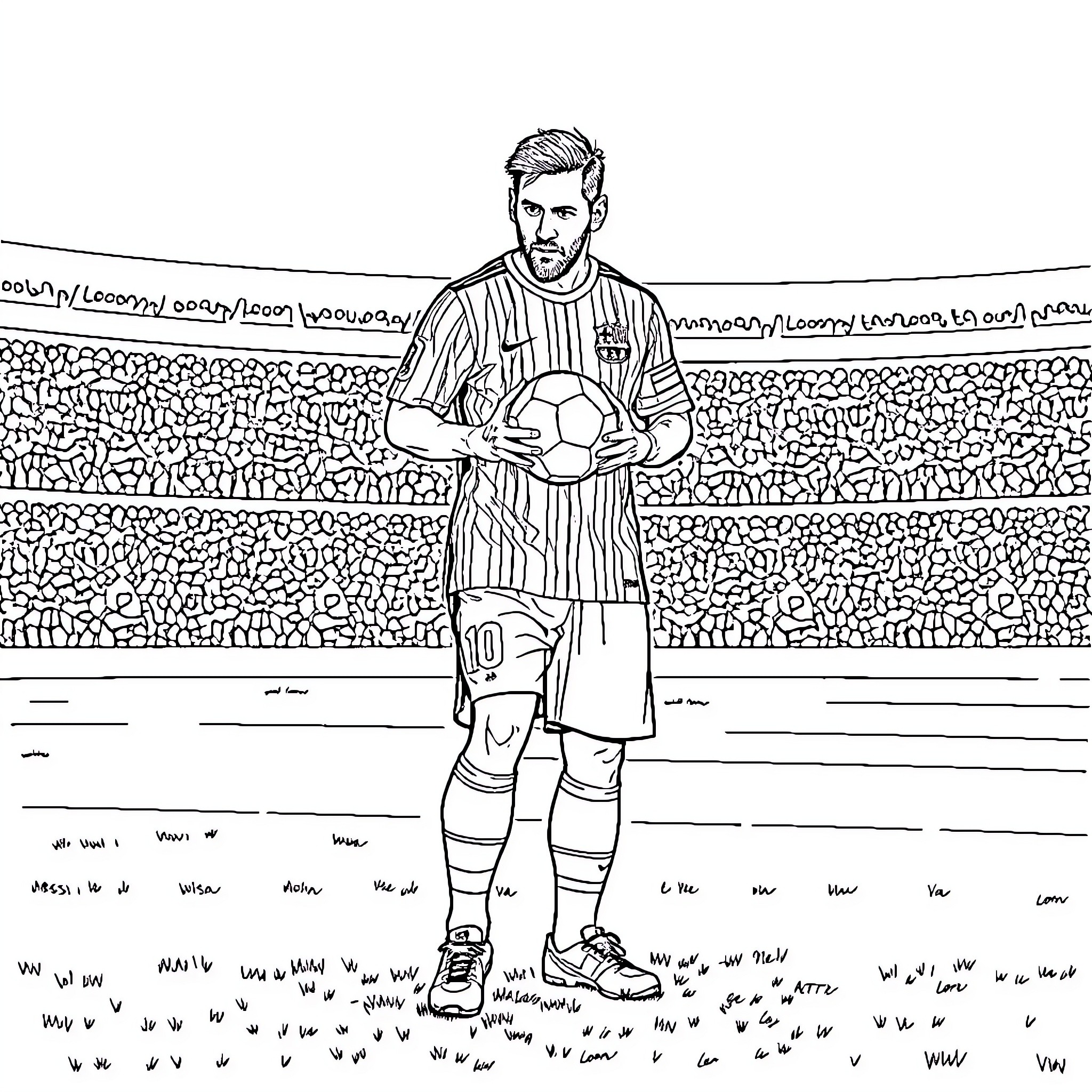 Messi standing confidently on the football field Coloring Page (free black-and-white line drawing printable PDF for all, from beginners to advanced learners, including children, teens, adults, and seniors)