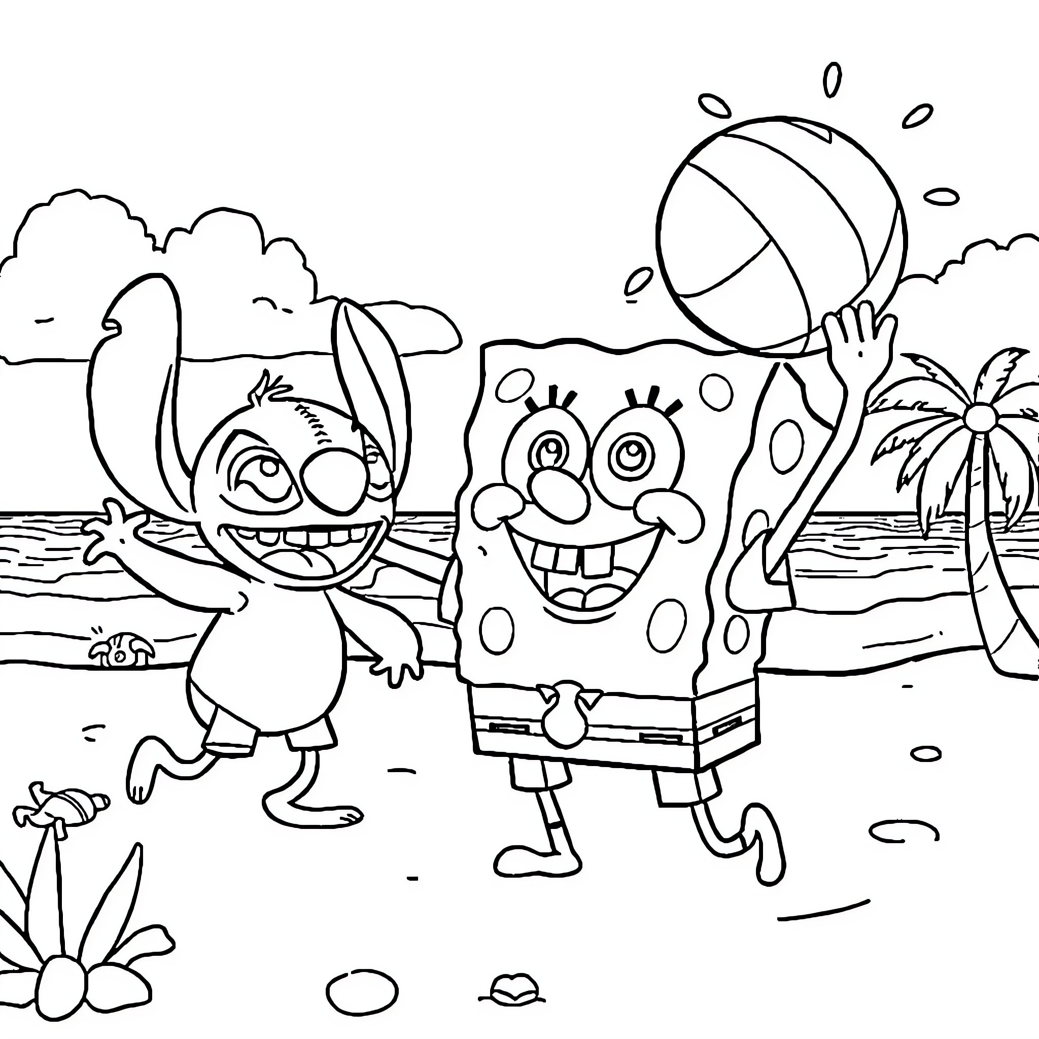 Spongebob and Stitch playing on the beach Coloring Page (free black-and-white line drawing printable PDF for all, from beginners to advanced learners, including children, teens, adults, and seniors)