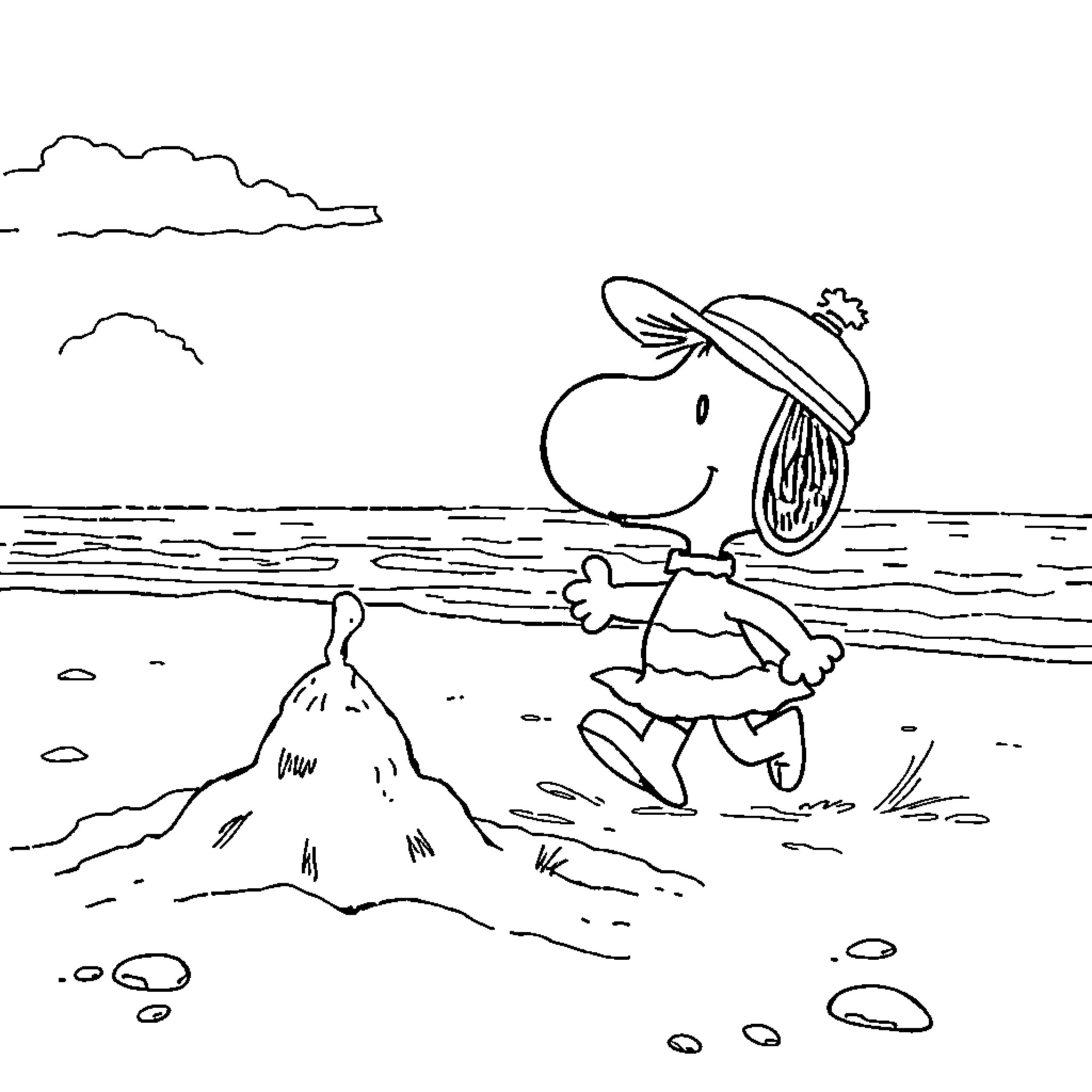 Snoopy enjoying a day at the beach Coloring Page (free black-and-white line drawing printable PDF for all, from beginners to advanced learners, including children, teens, adults, and seniors)