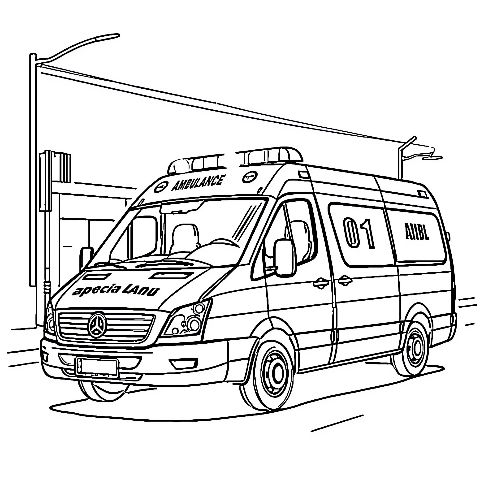 Ambulance responding to emergency call Coloring Page (free black-and-white line drawing printable PDF for all, from beginners to advanced learners, including children, teens, adults, and seniors)
