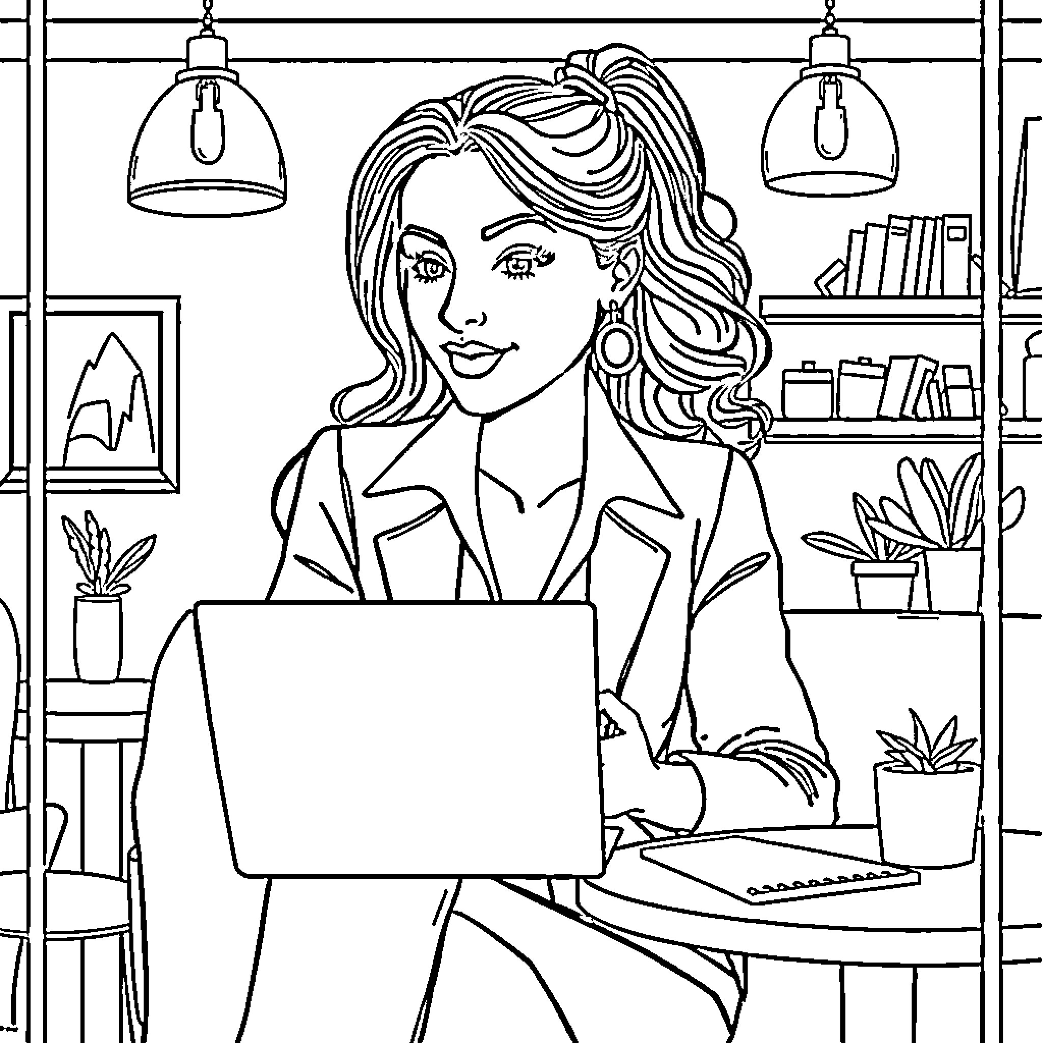 Entrepreneur Working Diligently in Home Office Coloring Page (free black-and-white line drawing printable PDF for all, from beginners to advanced learners, including children, teens, adults, and seniors)