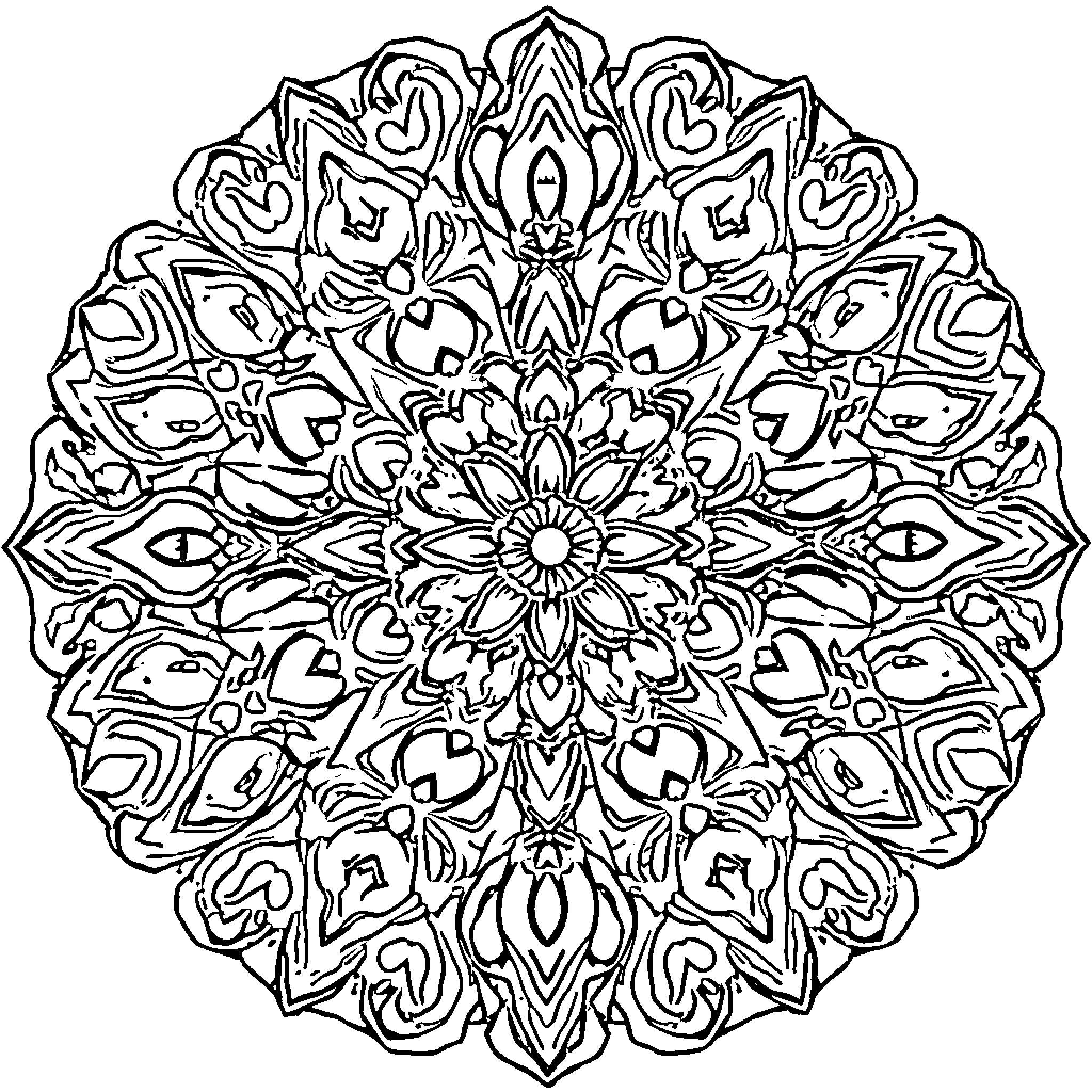 Mandalas with intricate floral patterns Coloring Page (free black-and-white line drawing printable PDF for all, from beginners to advanced learners, including children, teens, adults, and seniors)